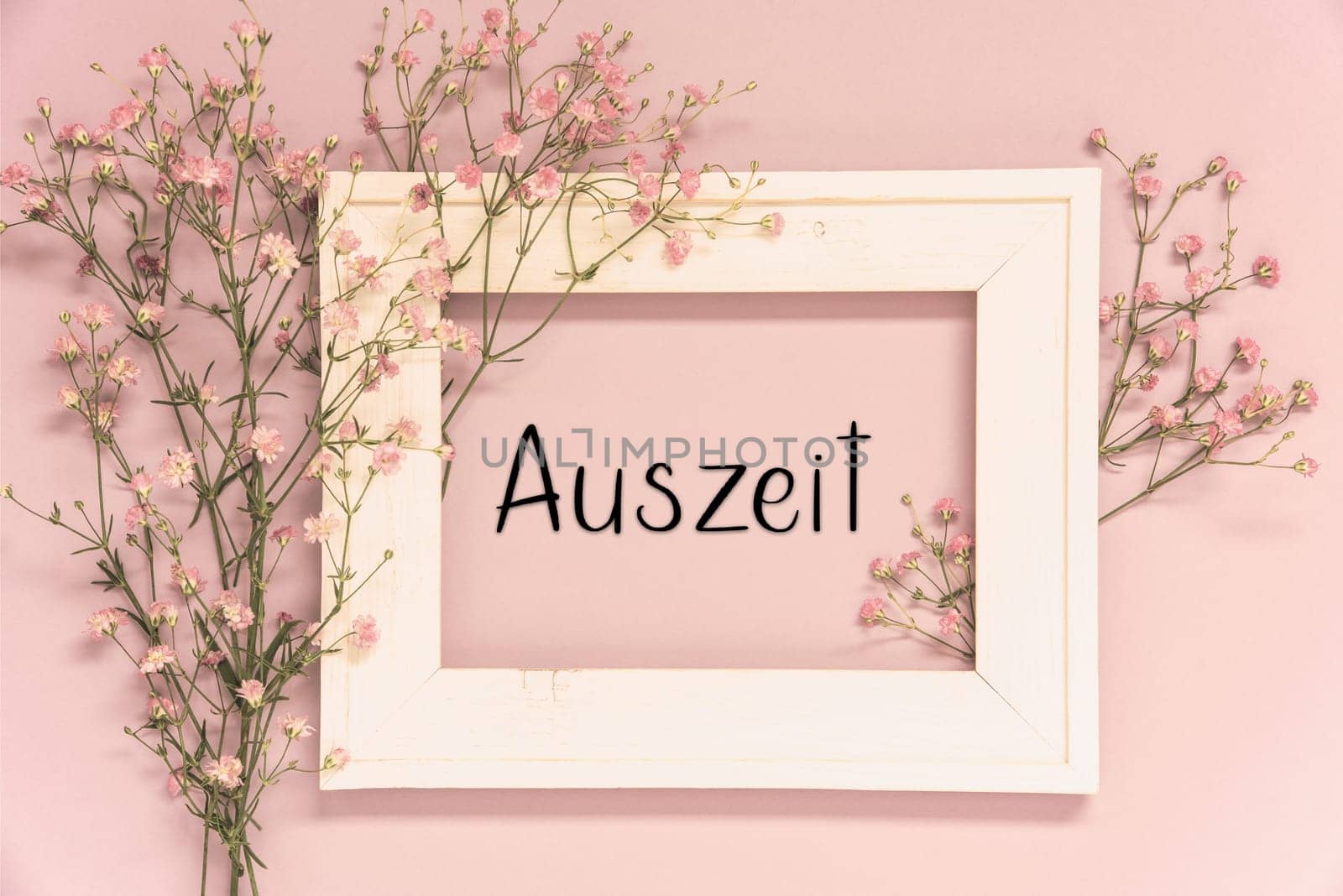 Vintage Photo Frame With Ikebana Flower Arrangement With German Text Auszeit Means Downtime. Retro Pastel Background