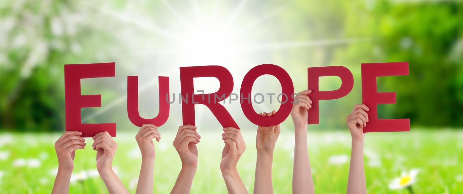 People Or Persons Hands Building English Word Europe. Sunny Green Grass Meadow As Background.