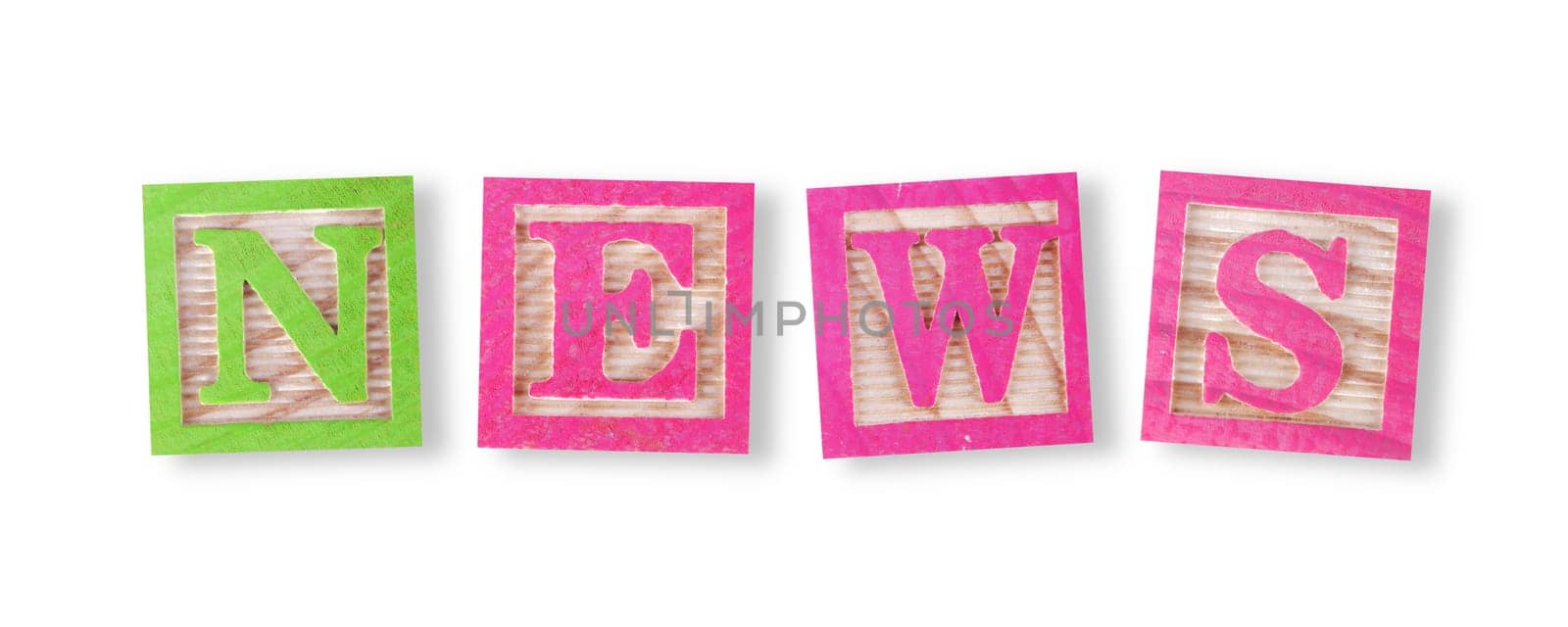 A news concept with childs wood blocks on white with clipping path to remove shadow