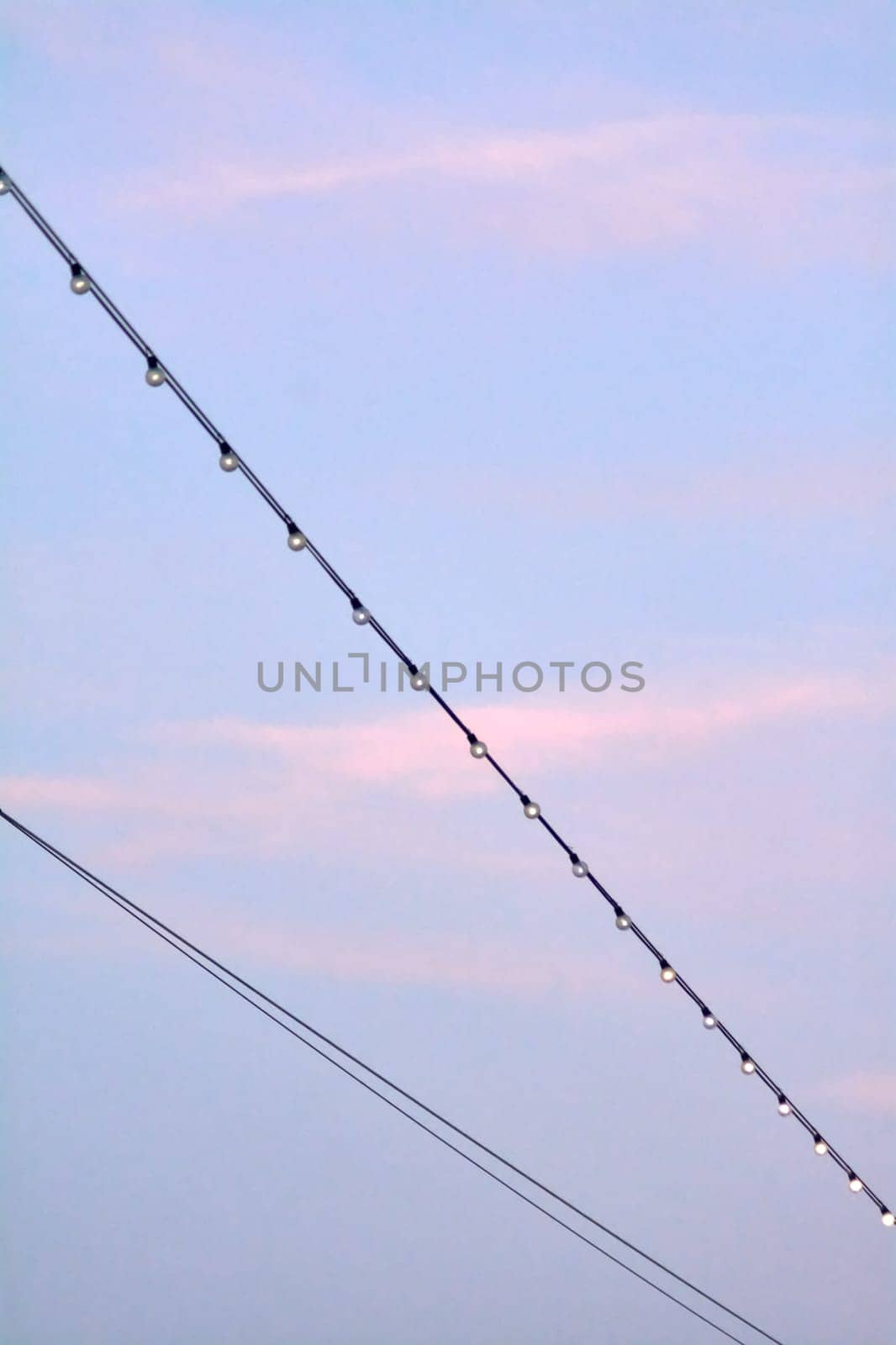 Illuminated string lights hanging on a cable, silhouetted against a colorful evening sky. The gentle gradient from blue to pink creates a tranquil and enchanting setting.
