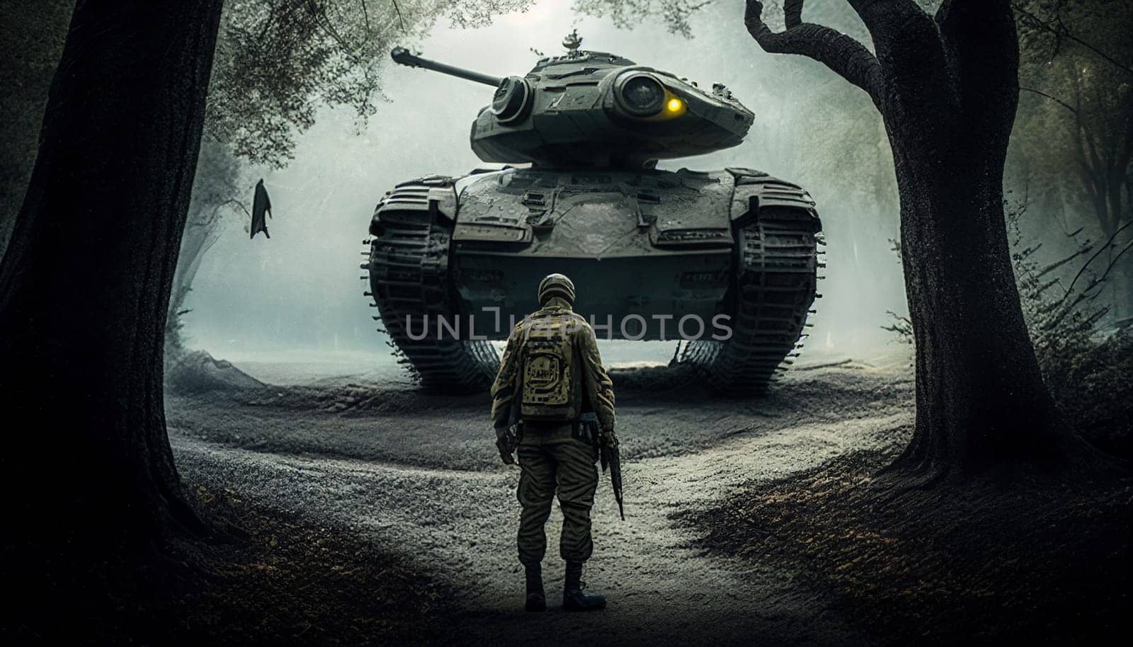 The painting depicts a lone soldier facing off against a massive tank in the midst of a desolate battlefield. The soldier's determination and bravery are evident, as he stands firm in the face of overwhelming odds. The colors are predominantly muted grays and browns, with flashes of red to highlight the violence of the conflict. The image is generated with the use of an AI.