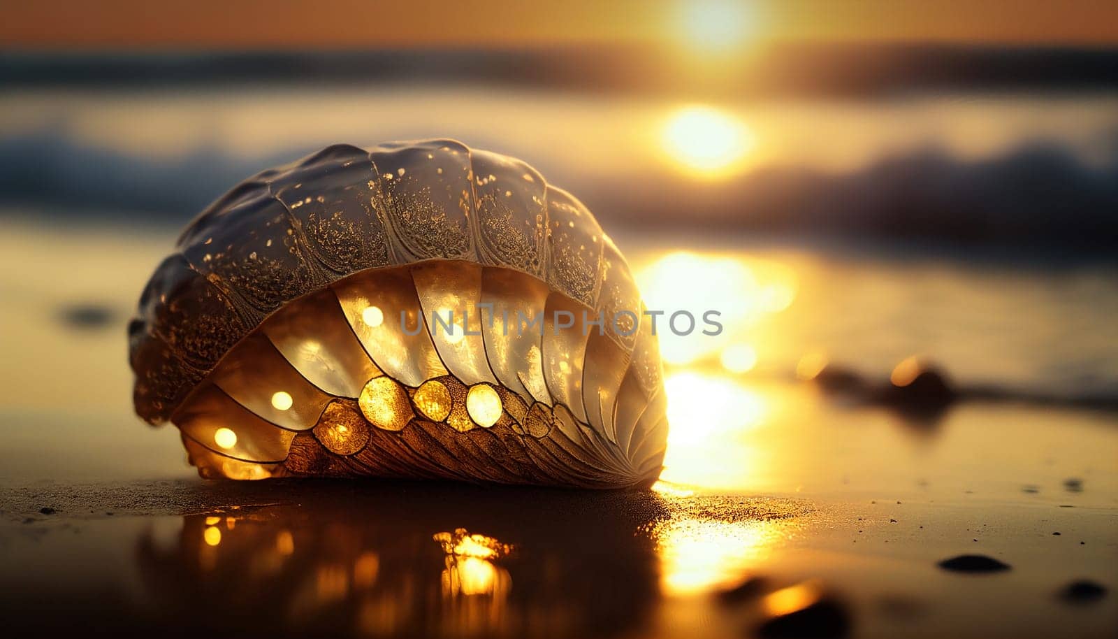 The painting depicts a beautiful seashell resting on a sandy beach, bathed in the warm, golden rays of the sun. The shell's intricate patterns and hues shimmer and glow in the light, evoking a sense of wonder and tranquility. The image is generated with the use of an AI.