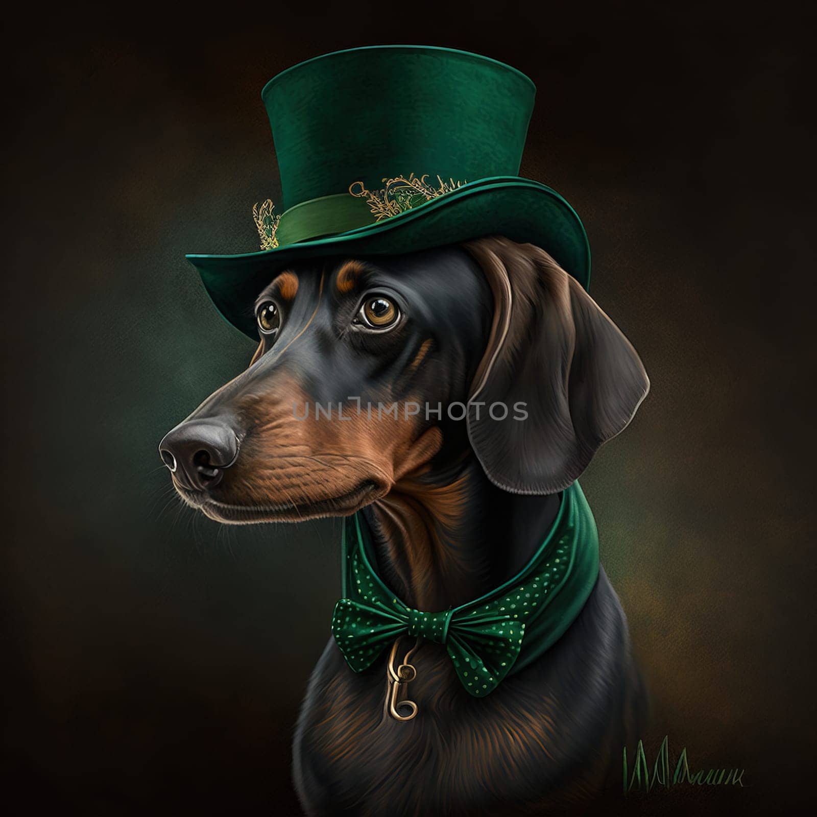 The painting depicts a cheerful dog wearing a green cylinder hat in celebration of St. Patrick's Day. The background is a vivid green, with shamrocks and other symbols of the holiday scattered throughout the scene. The image is generated with the use of an AI.