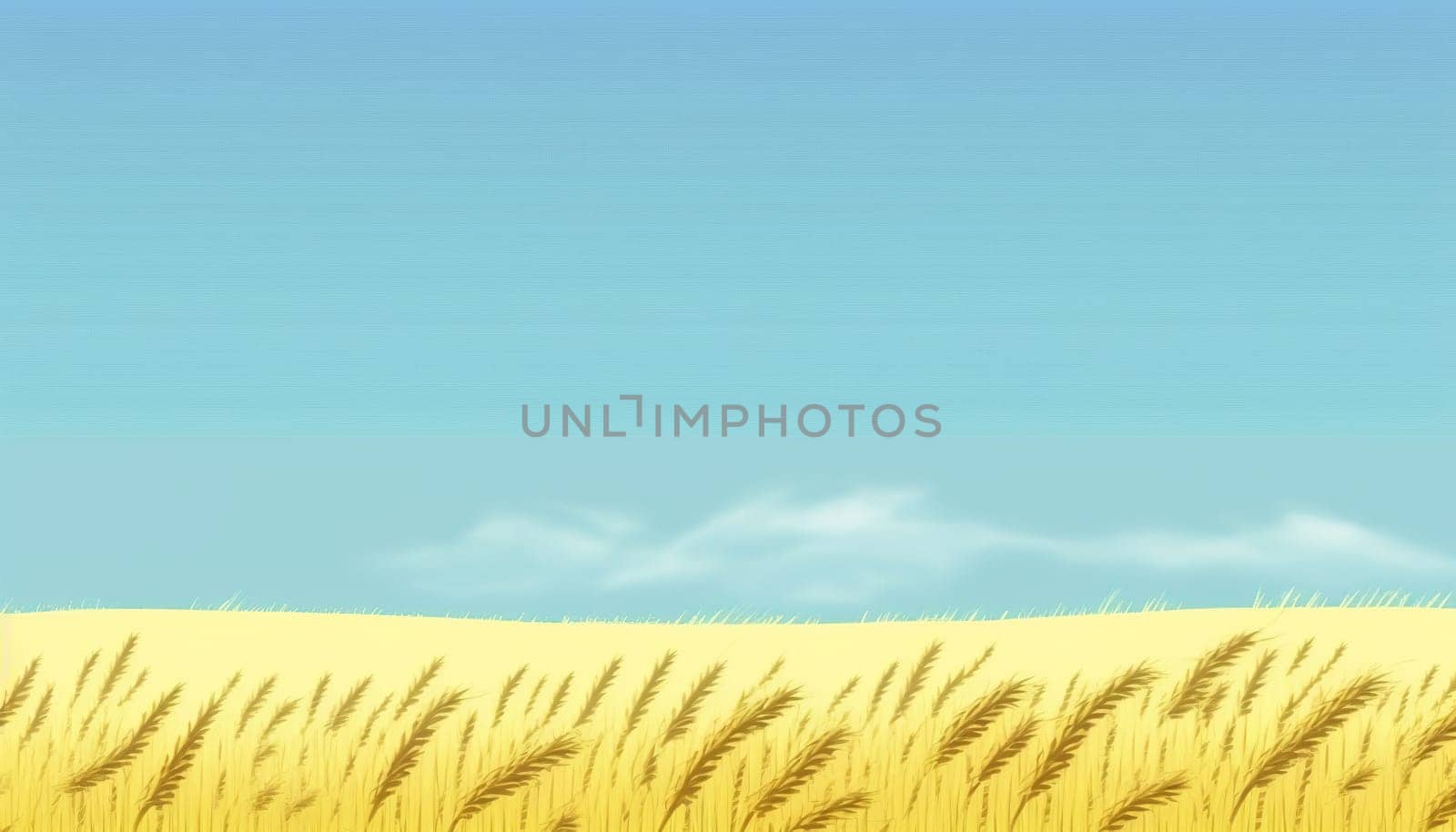 A vast expanse of golden wheat fields stretching out to the horizon under a clear blue sky. The wheat sways gently in the breeze, creating a soothing and peaceful scene. The image is generated with the use of an AI.