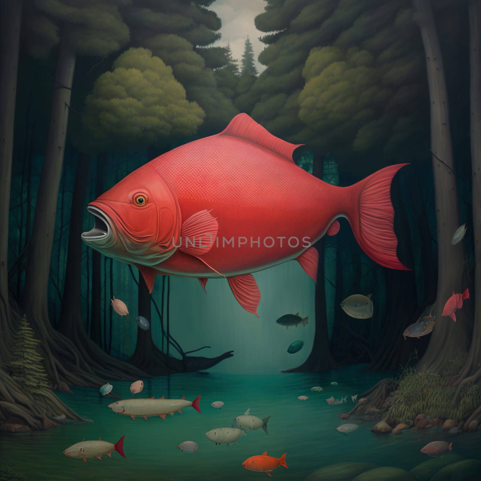 The painting captures the beauty and power of a large red fish swimming in the deep blue sea. The fish's vibrant red scales gleam in the sunlight, while its majestic presence and commanding gaze evoke a sense of awe and respect. The image is generated with the use of an AI.