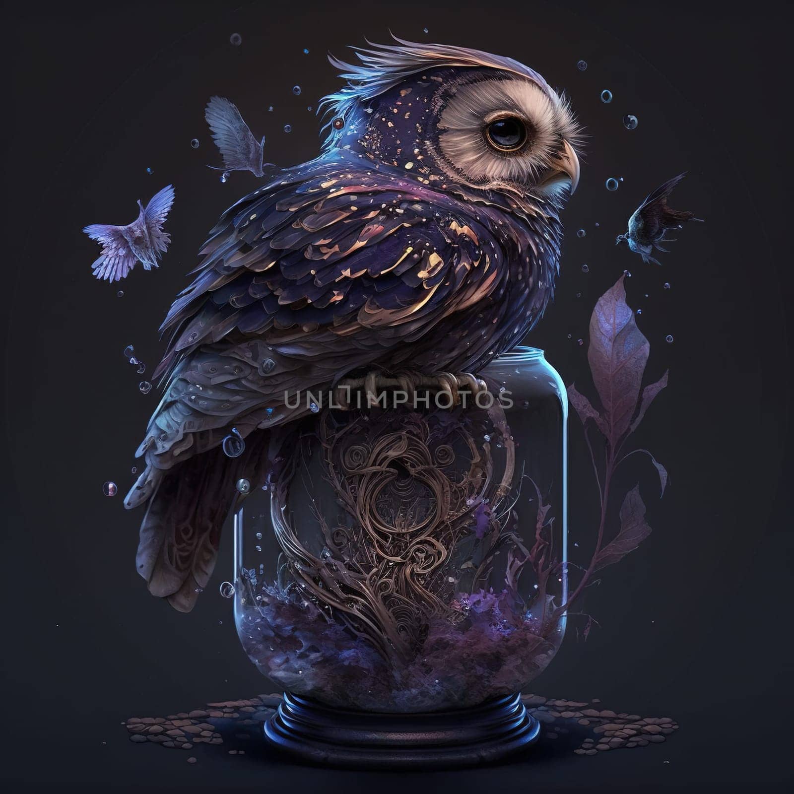 A majestic owl perched on a tree branch, silhouetted against a purple and orange sunset sky. The owl's piercing gaze is fixed on something in the distance, as if keeping a watchful eye over its domain. The image is generated with the use of an AI.