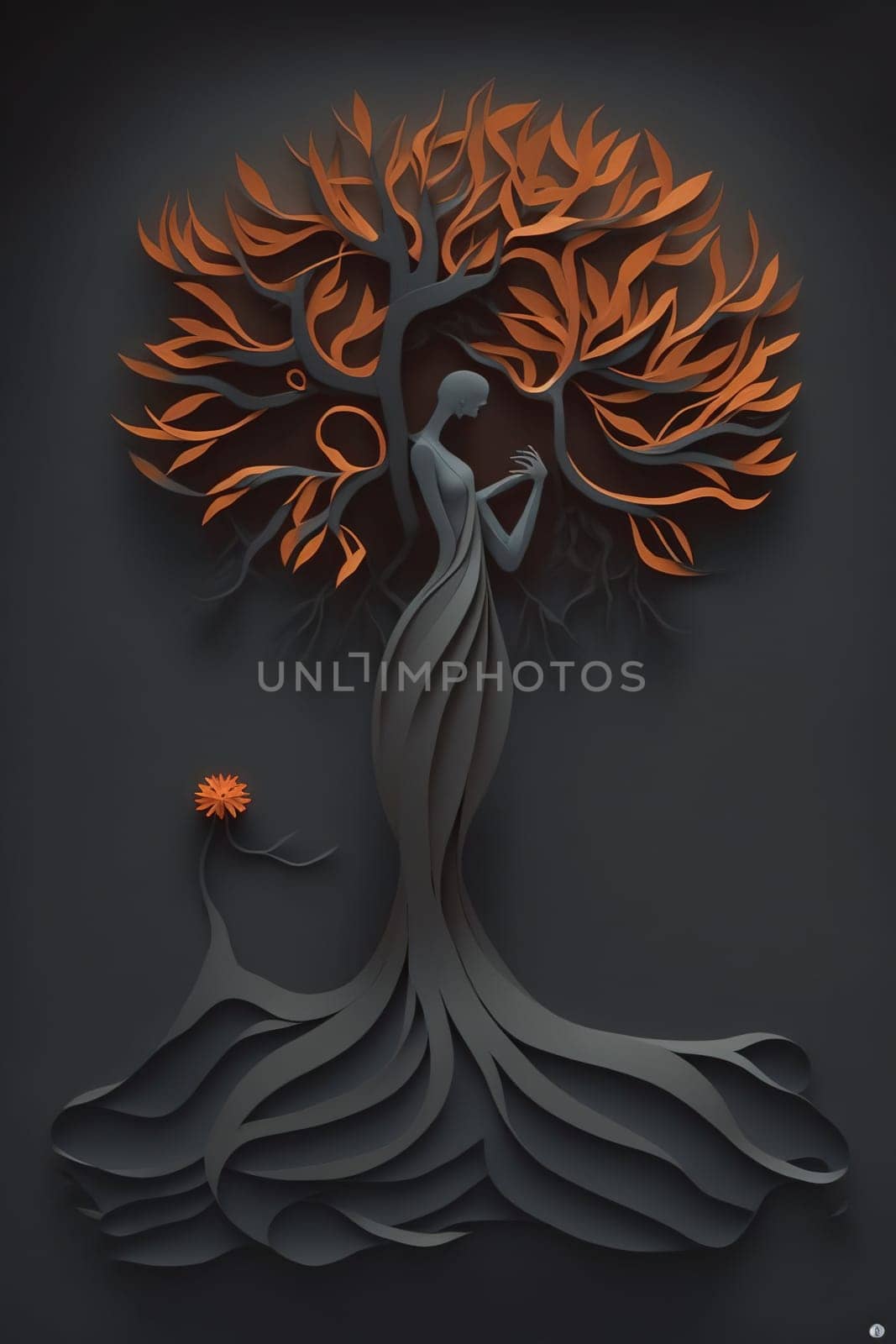The painting depicts a whimsical and colorful tree made entirely out of paper, with branches and leaves that seem to dance and sway in the breeze. The leaves are a vibrant shade of orange, creating a bold and cheerful contrast against the white paper bark. The image is generated with the use of an AI.