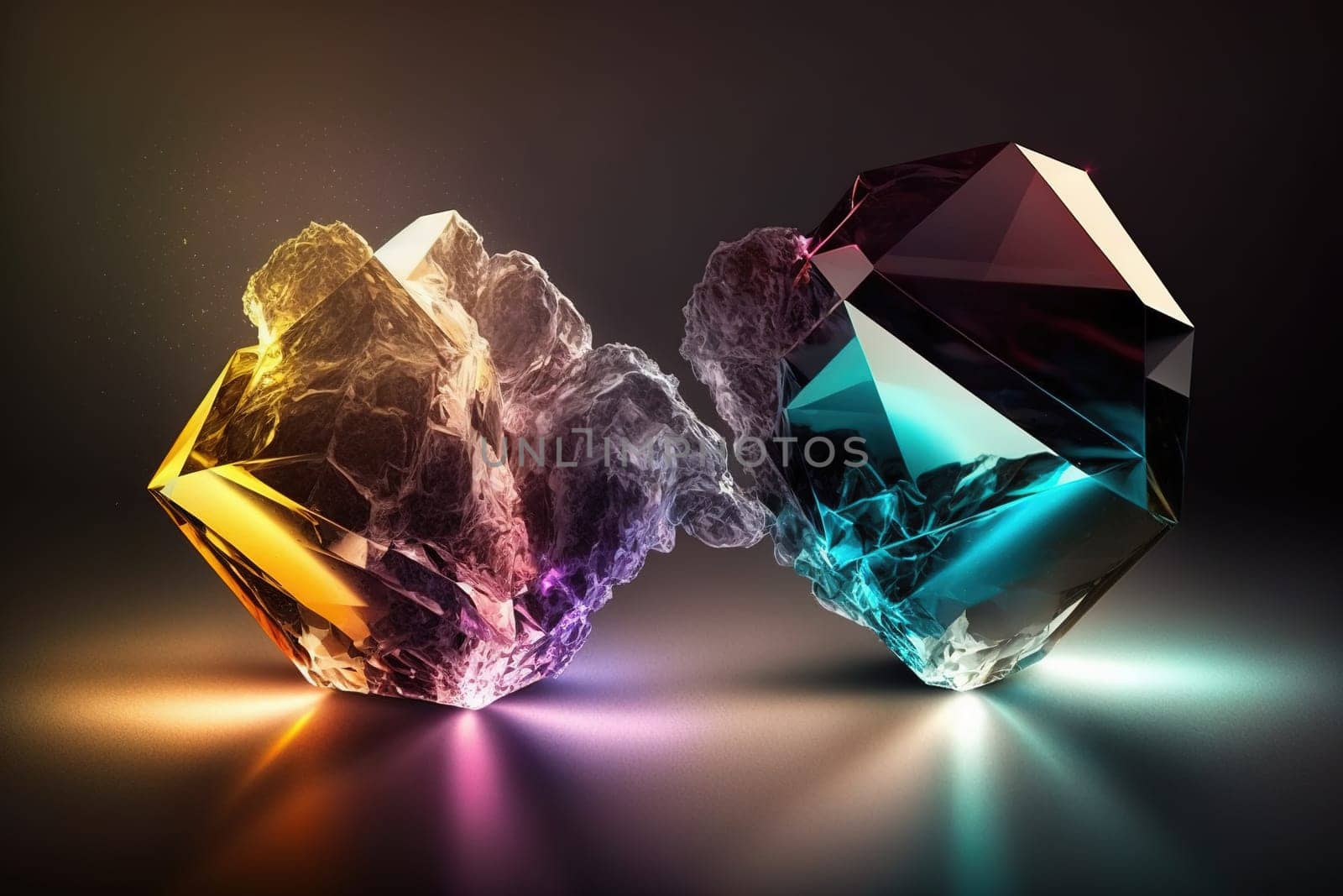 The painting depicts two uncut and unpolished gemstones resting in a beam of sunlight. The colors of the gems reflect the warm tones of the light, creating a rich and inviting composition. The image is generated with the use of an AI.