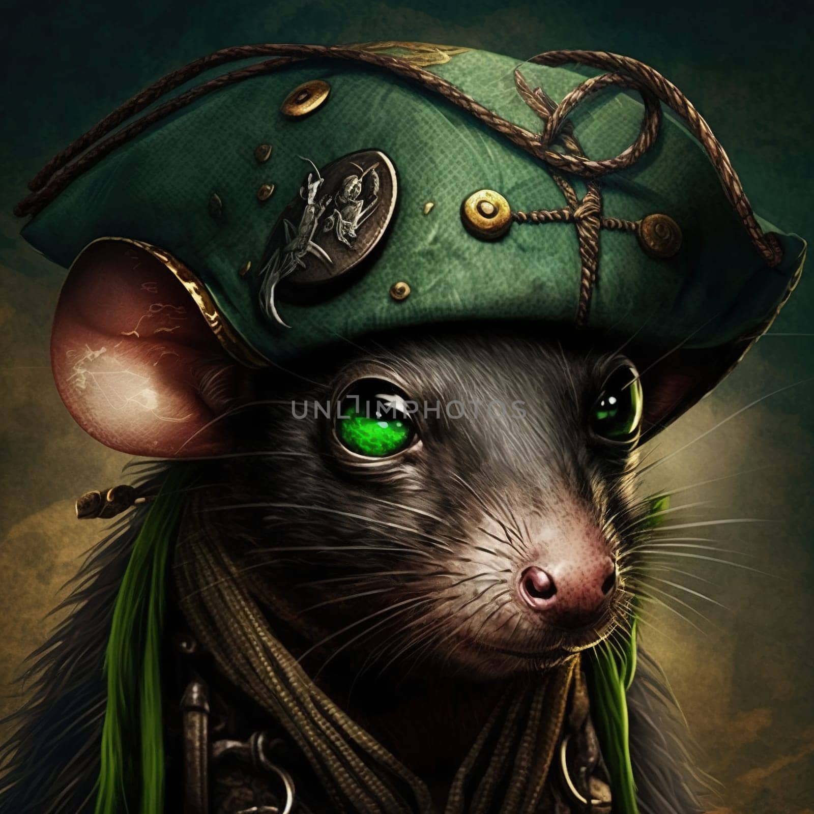 The painting features a festive and whimsical image of a rat pirate on a treasure hunt, dressed in a green suit for St. Patrick's Day. The green ship and green background create a sense of celebration and joy in the scene. The image is generated with the use of an AI.