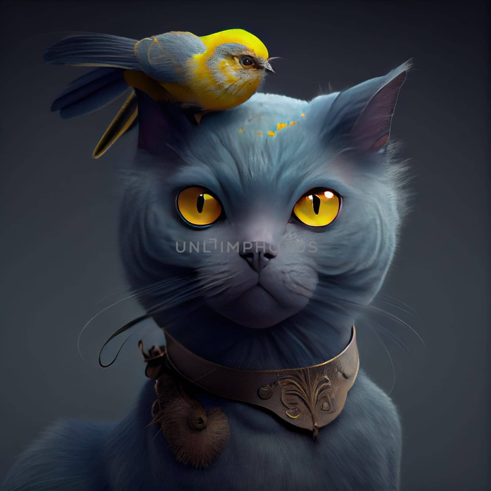 A portrait of a mischievous cat with a small bird perched on its head, gazing off into the distance with a sly grin. The cat's fur is soft and fluffy, contrasting with the smooth feathers of the bird. The image is generated with the use of an AI.