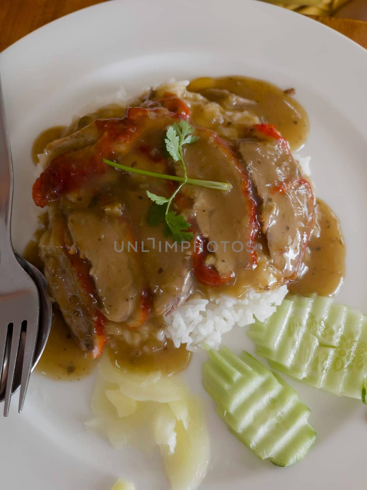 Rice with red barbecue roasted pork, stock photo