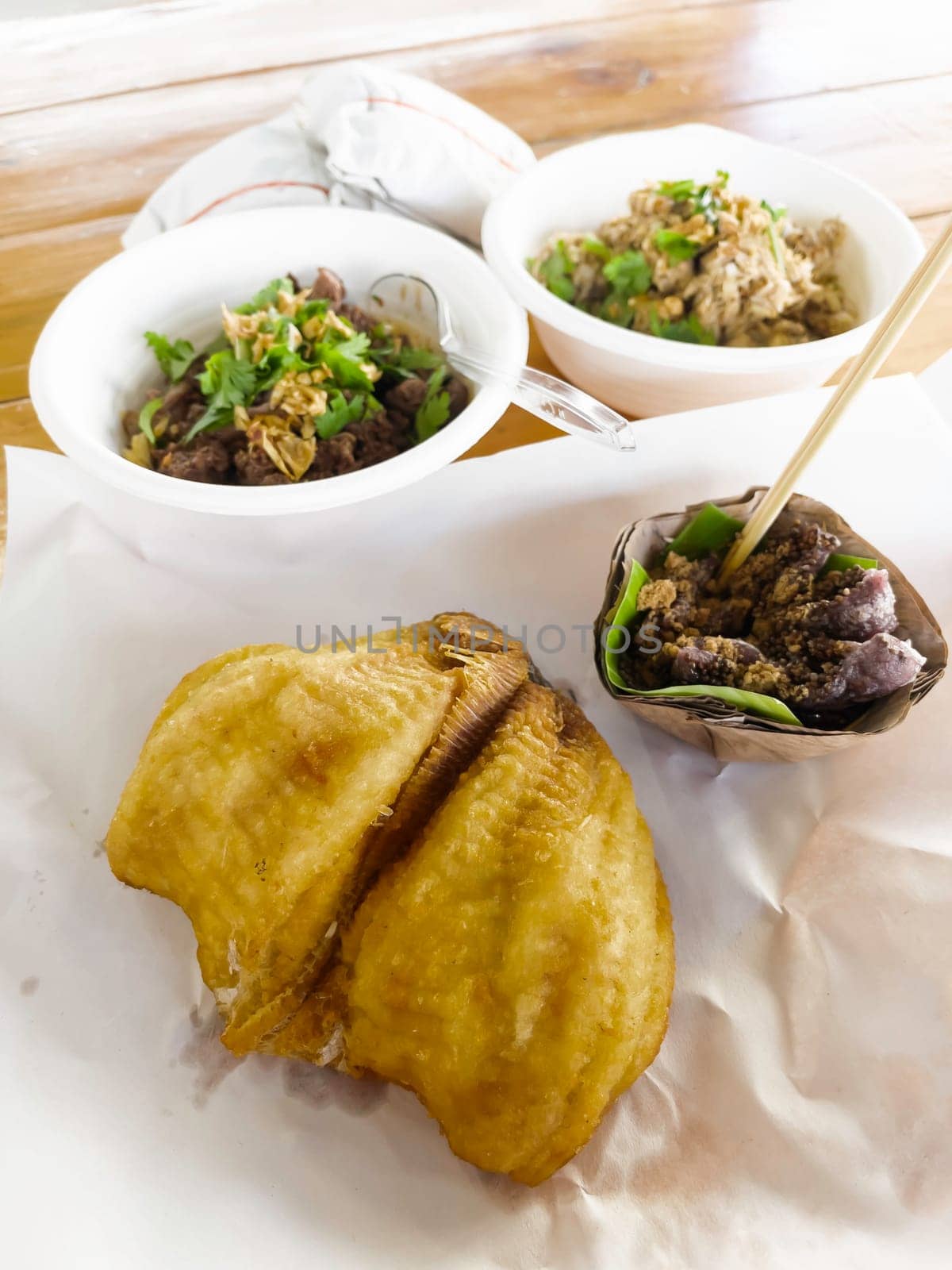 Crispy fried gourami fish Thai street food, stock photo