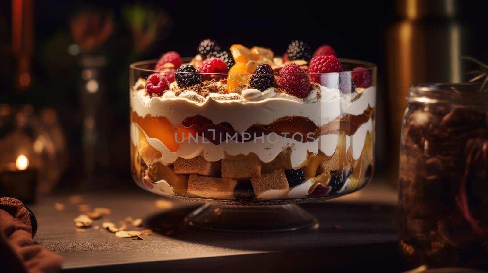 This close-up food photography captures the rustic beauty of a trifle dessert. With ultra-realistic and highly detailed features, the Canon 5D DSLR camera with a 50mm portrait lens and depth of field, combined with V-ray rendering and ray tracing techniques, brings out the delicious details of the dessert. Golden hour lighting, uplight, and hard rim lighting enhance the rustic appeal of the dish.