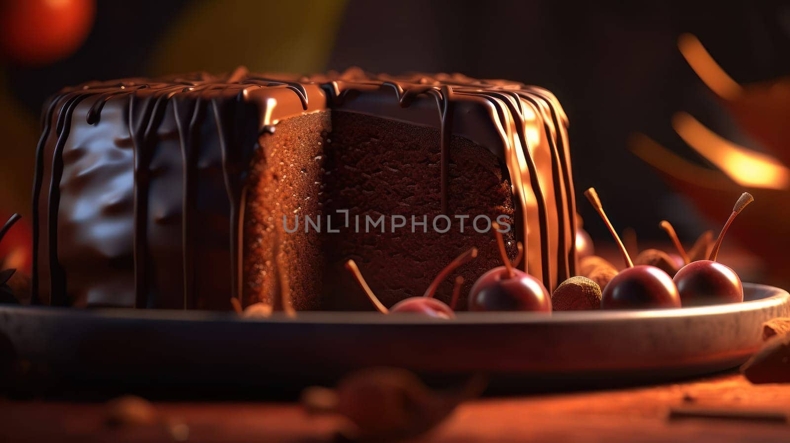 This mouth-watering close-up photograph captures a rich, decadent chocolate cake with a luscious liquid core, perfectly baked to perfection. The cake is presented on a delicate plate with a sprinkle of powdered sugar, and the creamy chocolate filling is oozing out invitingly. Shot with a Canon 5D DSLR camera and 50mm portrait lens, this ultra-realistic image showcases the cake's moist texture and glossy finish, with a focus on the depth of field and V-ray rendering. The lighting, which features golden hour lighting, uplight, and hard rim lighting, creates a dramatic and appetizing effect.