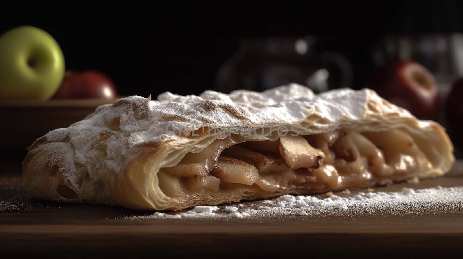 This mouth-watering close-up food photography of an Apfelstrudel will transport you to a cozy bakery in the heart of a European village. Captured with a Canon 5D DSLR camera and 50mm portrait lens, the ultra-realistic image showcases the flaky, golden crust of the strudel and the soft, cinnamon-spiced apple filling. The V-ray render and ray tracing technique create stunning details in the 8K resolution image, and the use of golden hour lighting, uplight, and hard rim lighting add warmth and depth to the photo. The rustic ambiance of the setting enhances the overall feeling of indulgence.