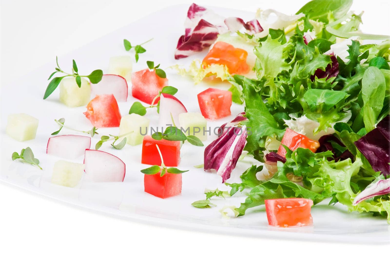 Various salad leaves with tomato, radish and cucumber