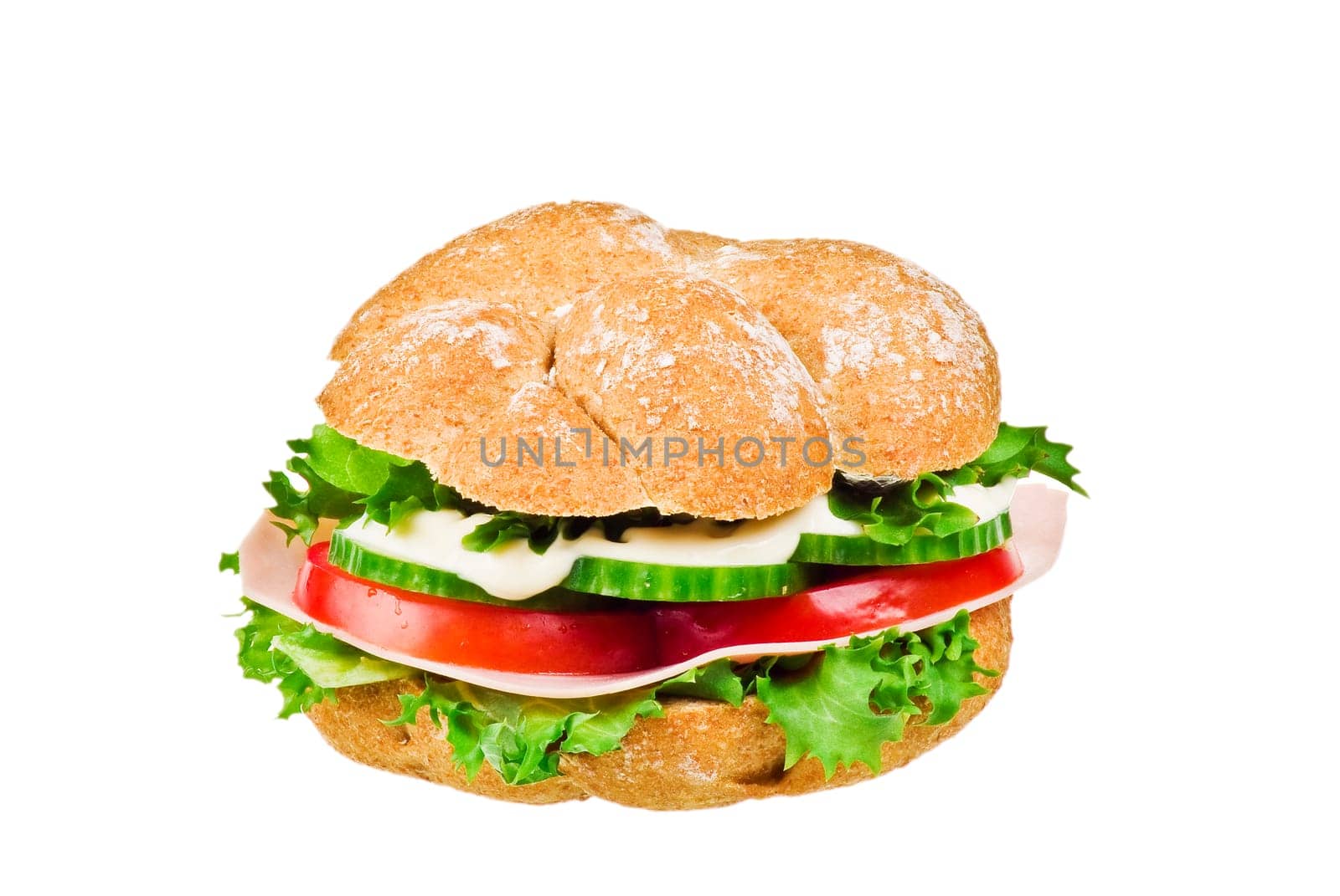 Fresh sandwich with ham and vegetables over white background.