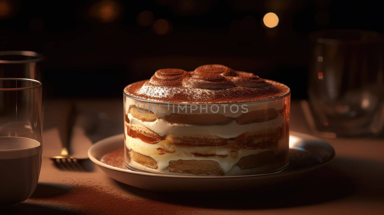 This stunning close-up food photograph showcases the indulgent layers of creamy tiramisu in mouth-watering detail. Shot using a Canon 5D DSLR with a 50mm portrait lens, the image boasts V-ray render and 8K resolution, highlighting every delectable detail in ultra-realistic clarity. The use of golden hour lighting, uplight, and hard rim lighting creates a warm, inviting atmosphere that perfectly complements the richness of the dessert.