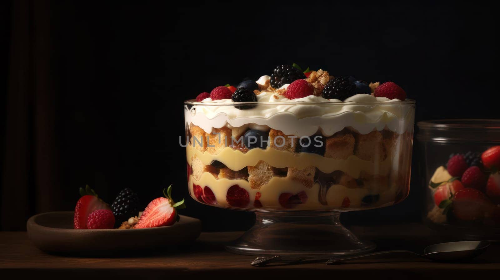 This close-up food photograph of a trifle dessert showcases the beauty and deliciousness of this classic treat. The rustic presentation adds charm, while the ultra-realistic details capture every layer and texture. Captured with a Canon 5D DSLR camera and 50mm portrait lens, with the use of DOF and V-ray render, the result is an 8K resolution image with stunning ray tracing. The golden hour lighting and uplight with hard rim lighting creates a warm and inviting atmosphere.