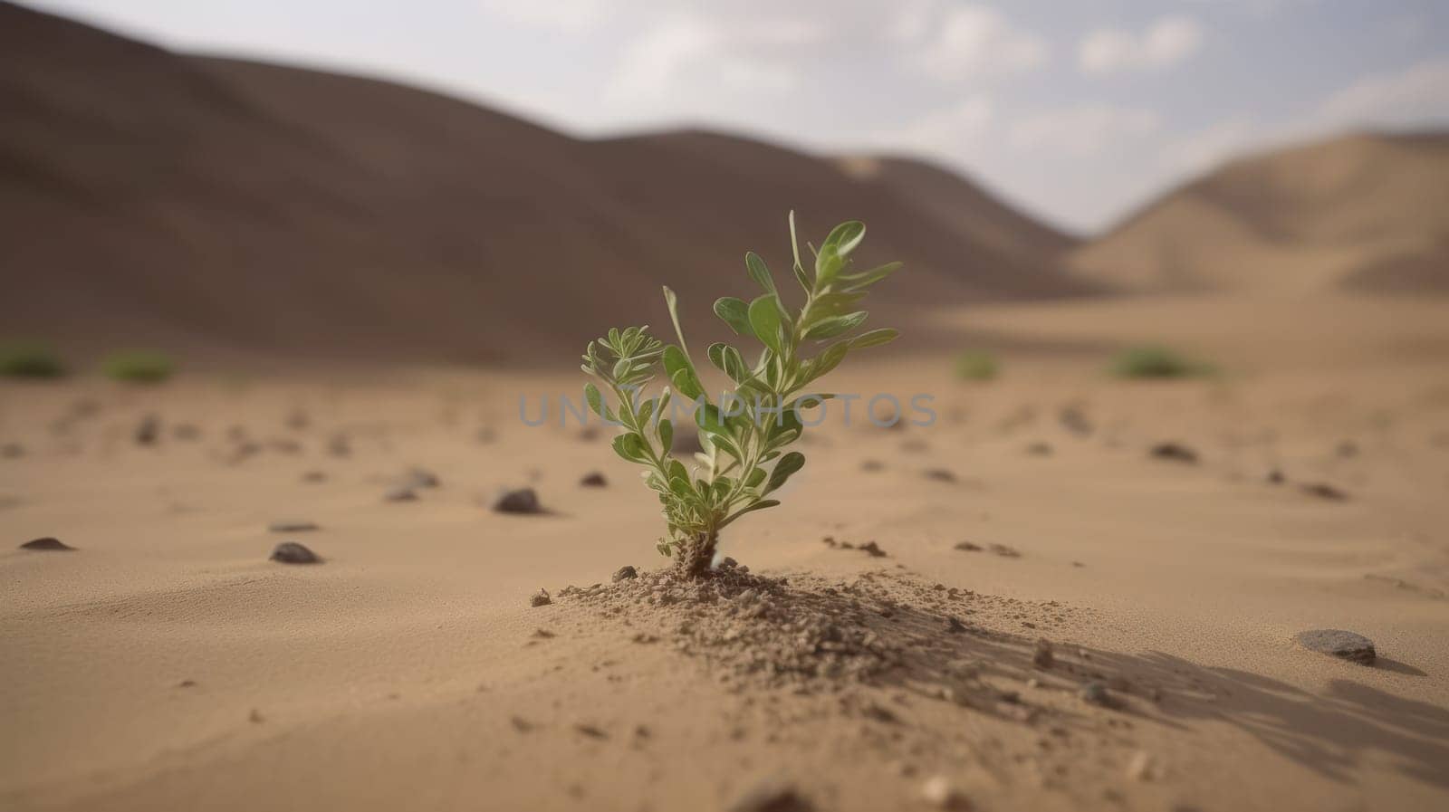 This stunning 8k photo captures the struggle of a single, young plant in the harsh desert environment. Despite its fragile appearance, the plant displays an incredible resilience and determination to survive.