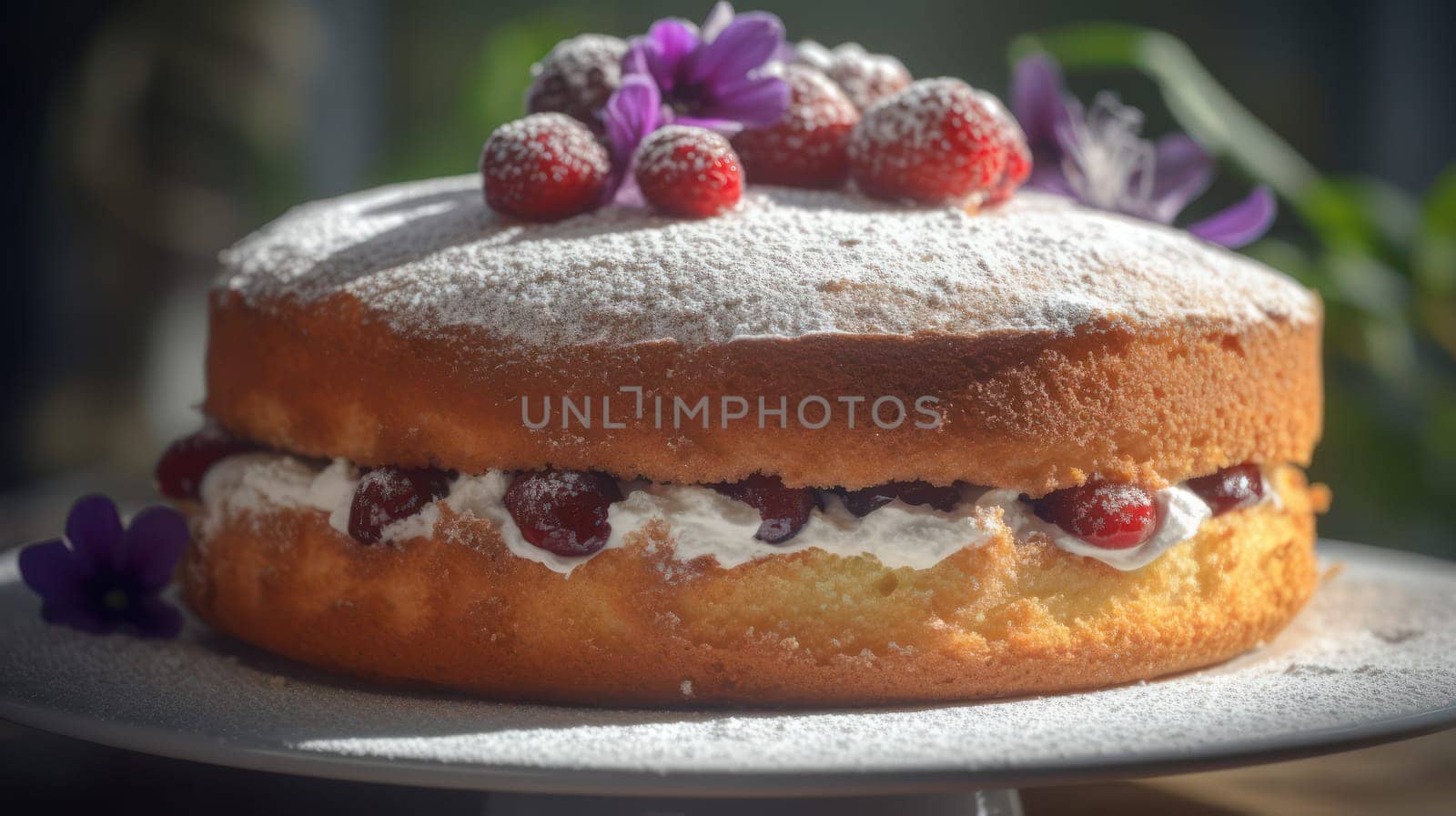 This photo features a close-up of a Victoria Sponge cake, showcasing its rustic texture and ultra-realistic appearance. Captured with a Canon 5D DSLR and 50mm portrait lens, the image boasts a high level of detail and depth of field (DOF). Rendered with V-ray technology in 8K resolution and featuring ray tracing, the cake is illuminated with Golden hour lighting, highlighting its uplight and hard rim lighting.