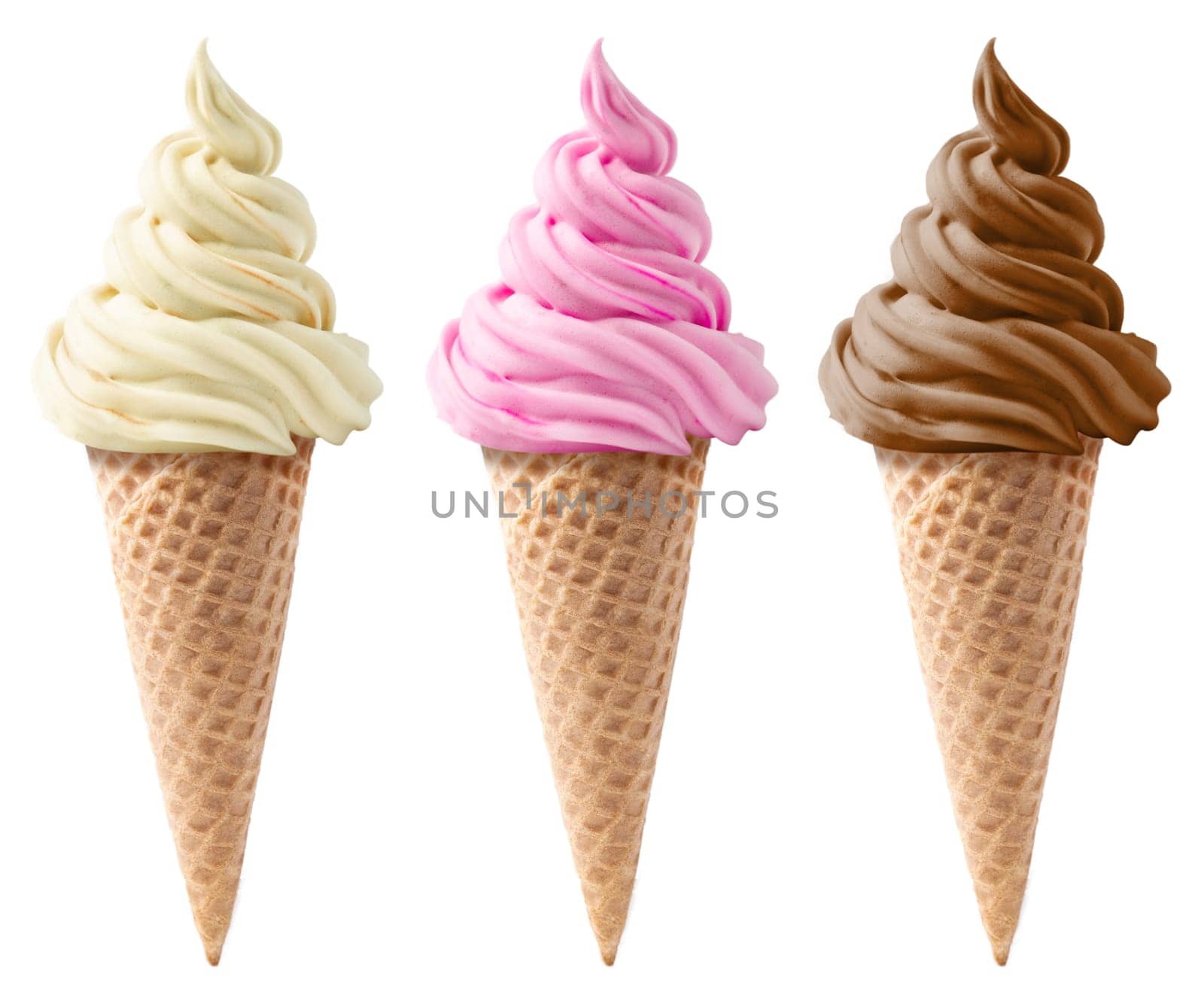 different sorts of ice cream in a waffles isolated on white background