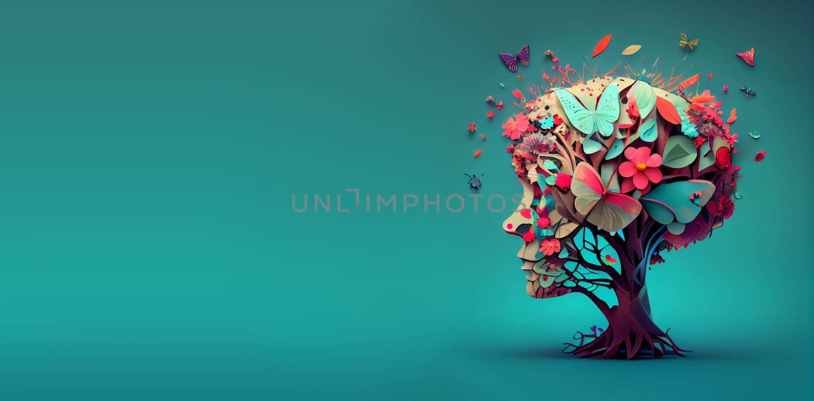 Human brain with flowers and butterflies, self care and mental health concept, positive thinking, creative mind, generative AI