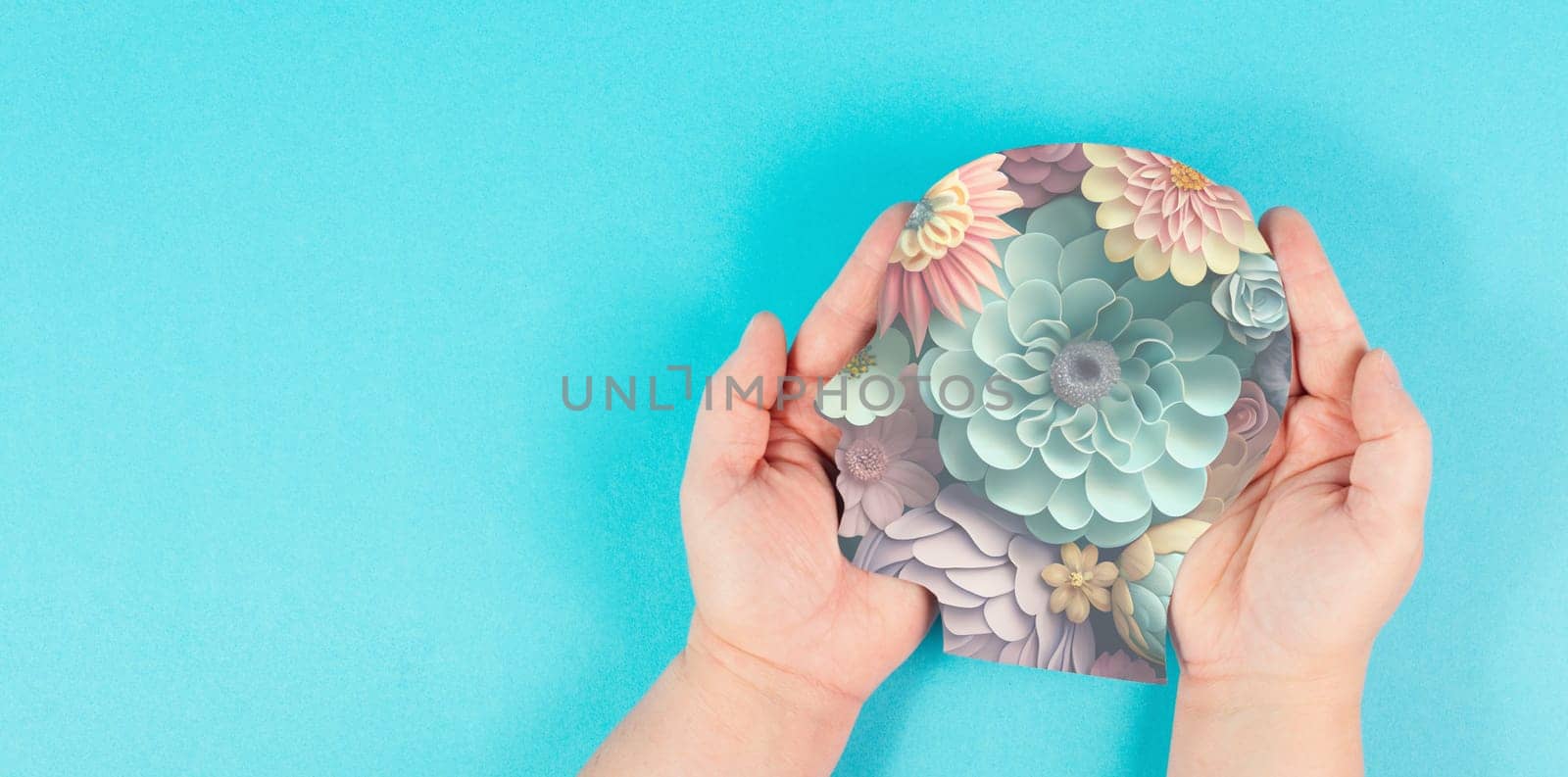 Human brain flowers, self care and mental health concept, positive thinking, creative mind, flowers made with generative AI