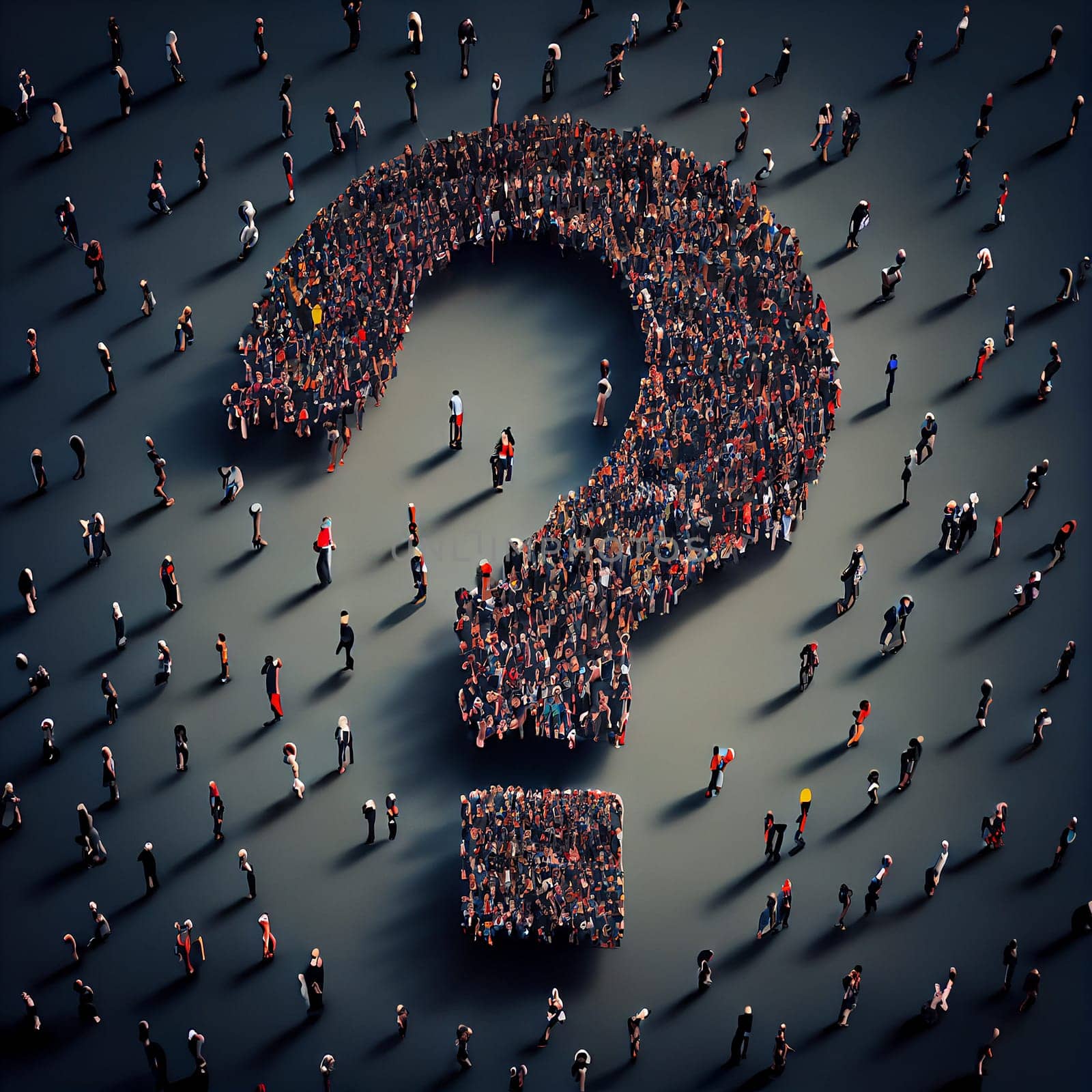 Group of people building a question mark, searching for answers, thoughts for solving a problem, having doubts, generative A