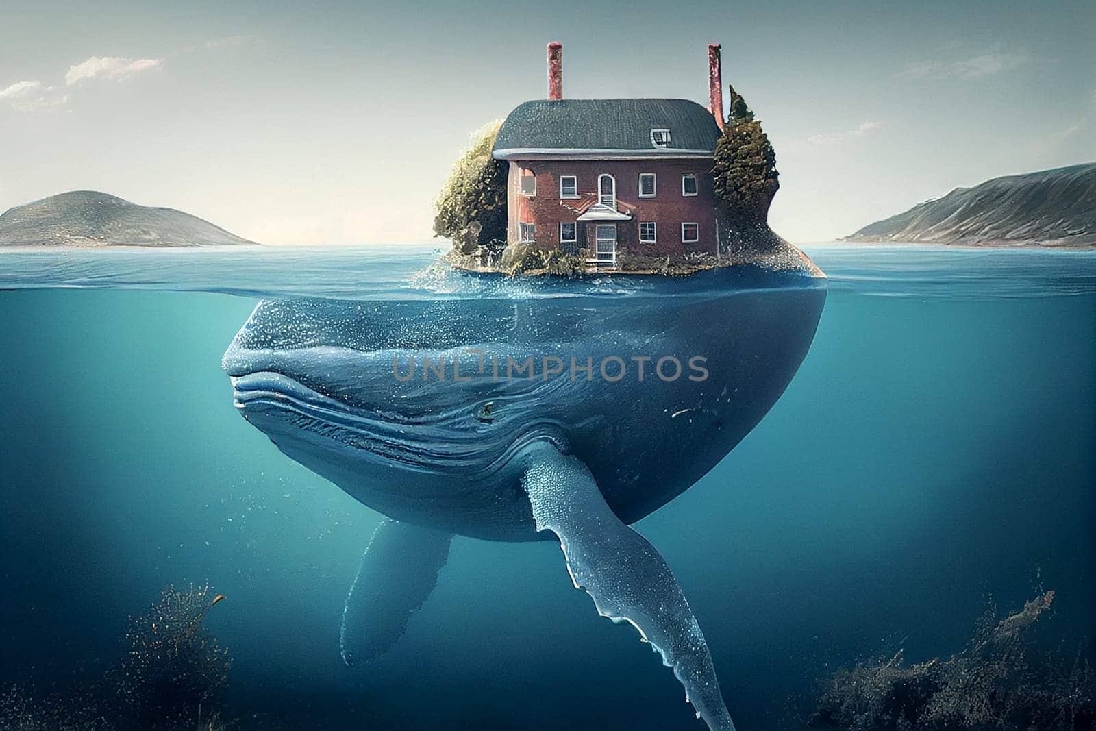 Big whale swimming under water, house on an island on his back, surreal maritime concept, generative AI