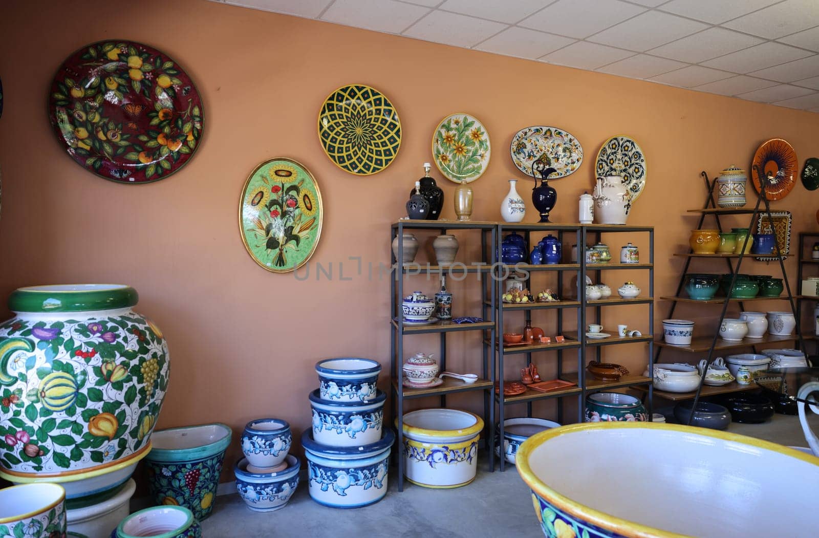 Pienza, Italy - September 12, 2022: Shop with typical Italian ceramics near Pienza