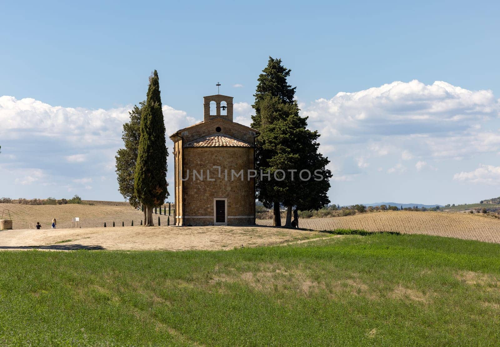 Pienza, Italy - September 12, 2022: Capella Di Vitaleta in countryside between San Quirico and Pienza in Val d Orcia Tuscany. Italy