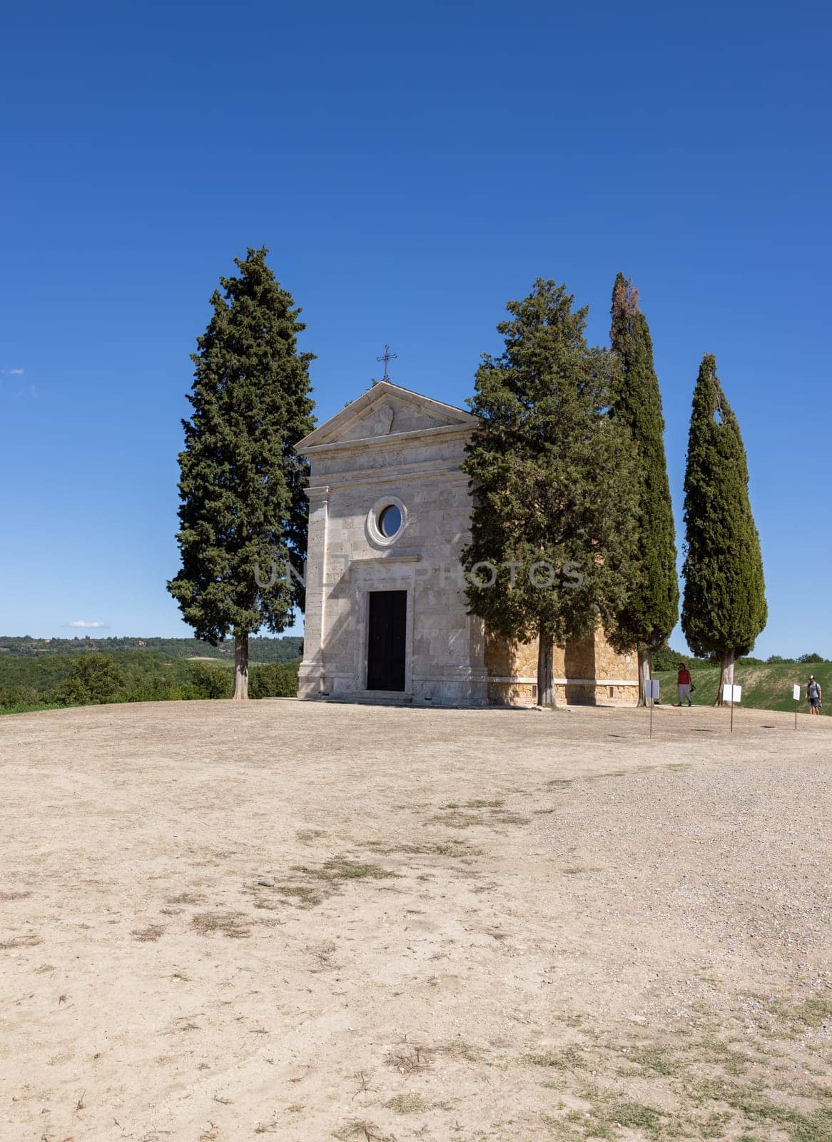 Pienza, Italy - September 12, 2022: Capella Di Vitaleta in countryside between San Quirico and Pienza in Val d Orcia Tuscany. Italy