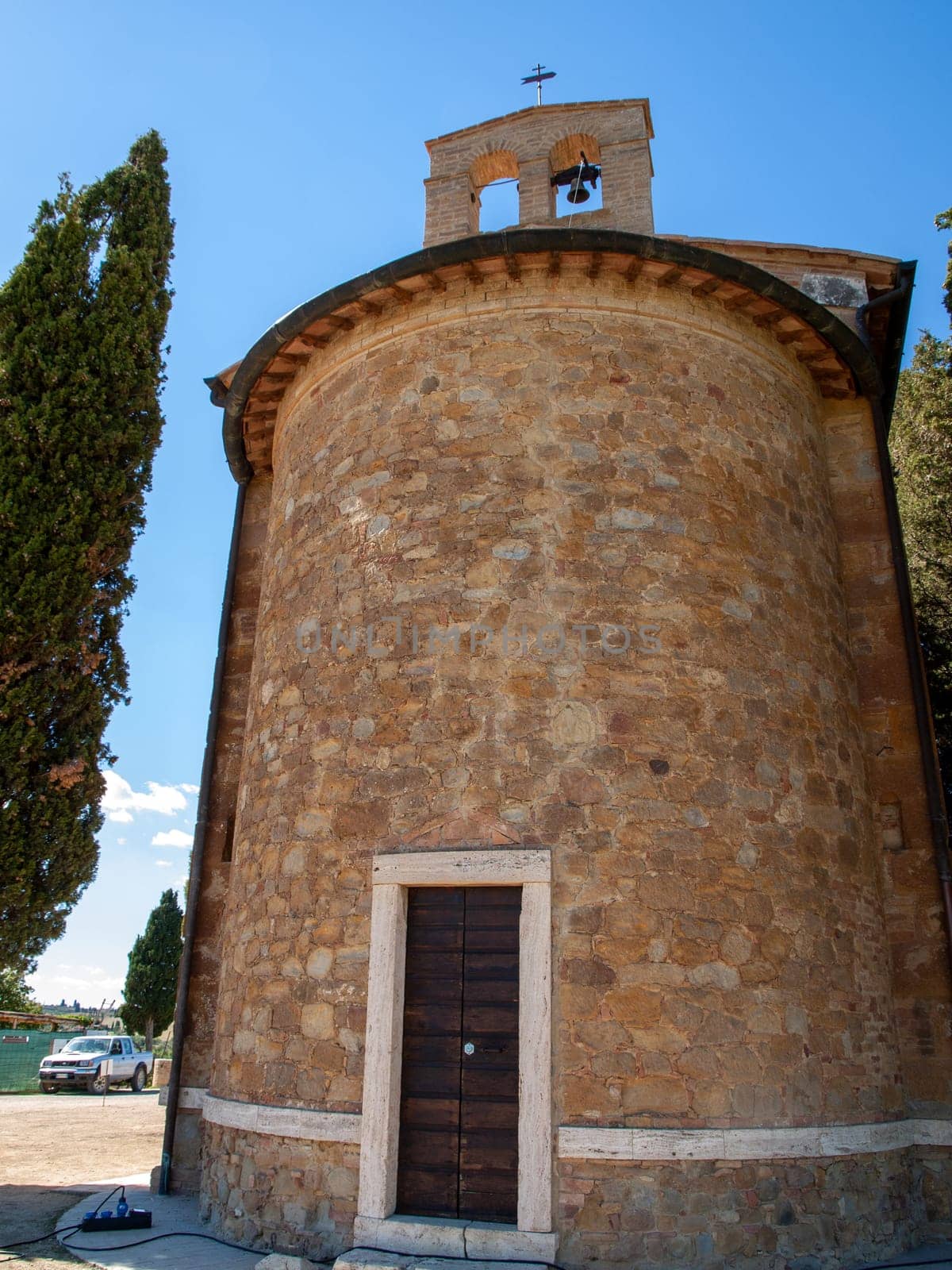 Pienza, Italy - September 12, 2022: Capella Di Vitaleta in countryside between San Quirico and Pienza in Val d Orcia Tuscany. Italy