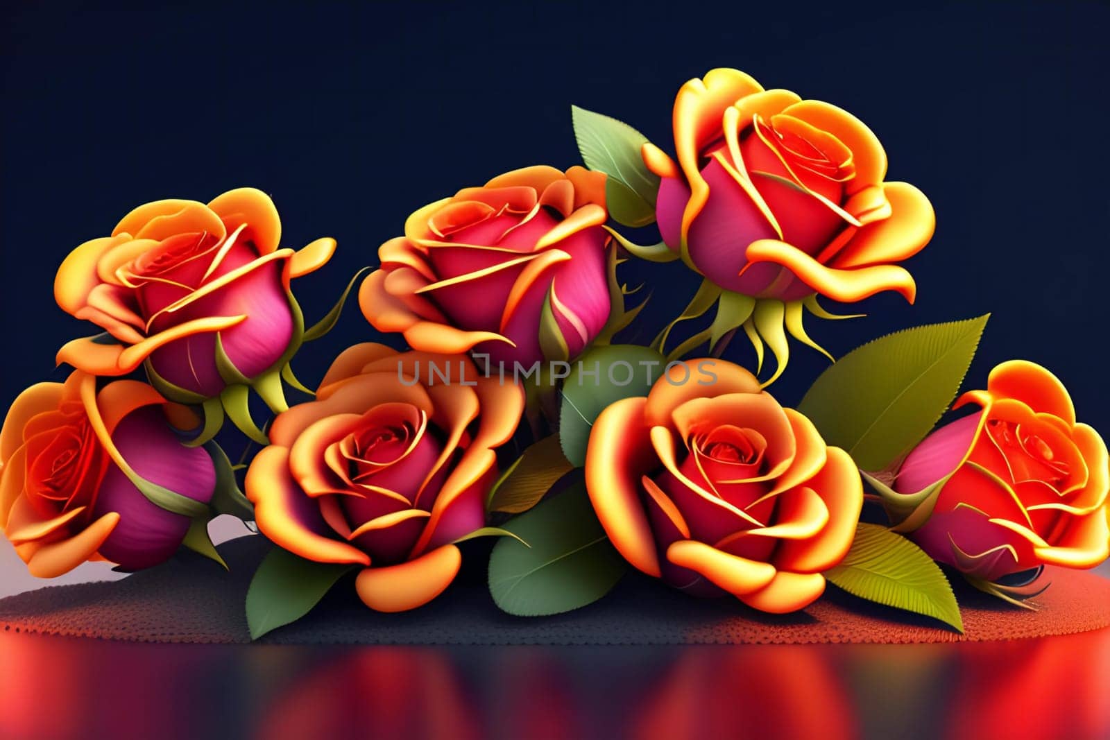 3d illustration of red and yellow rose flowers over dark blue background