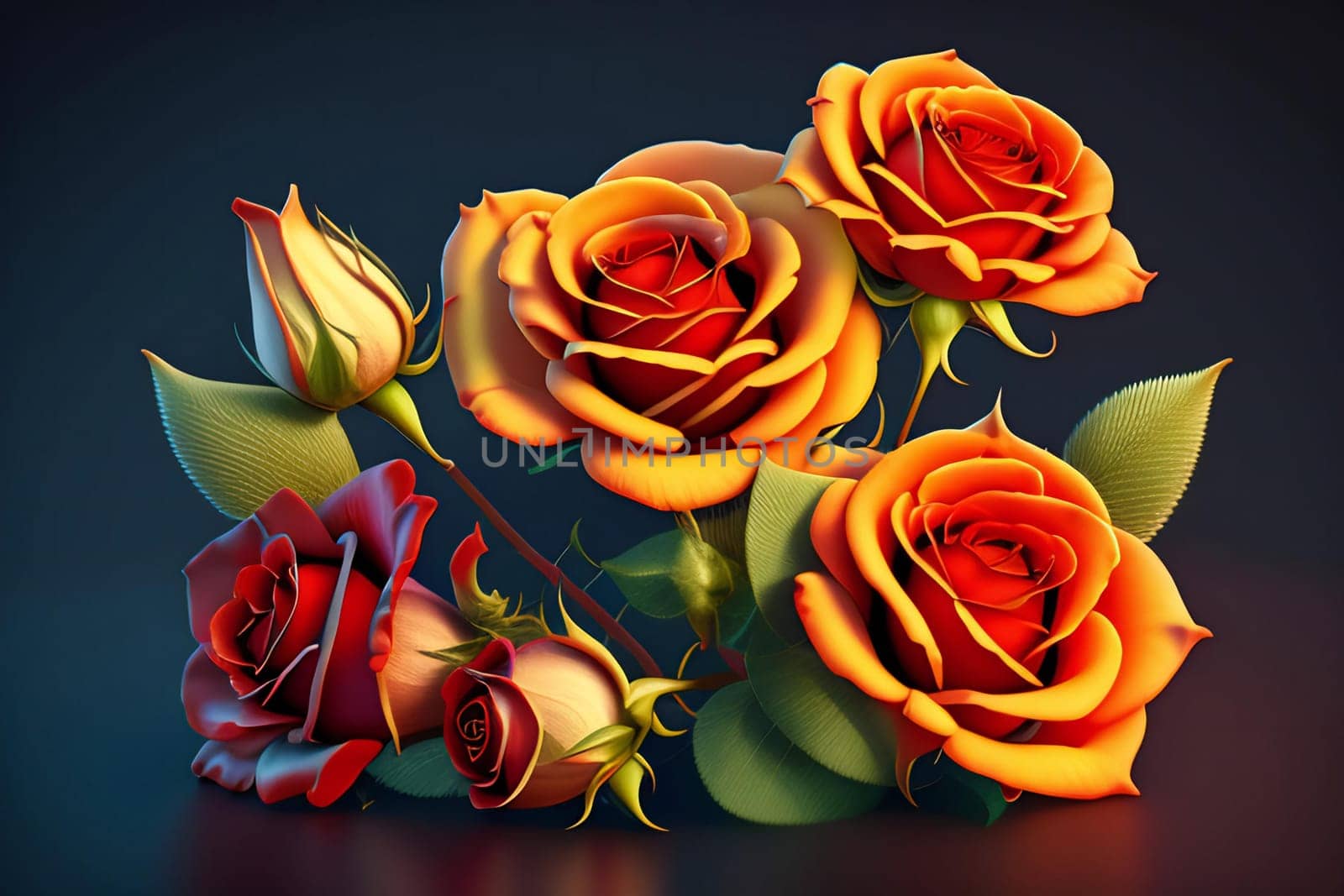 3d illustration of red and yellow rose flowers over dark blue background