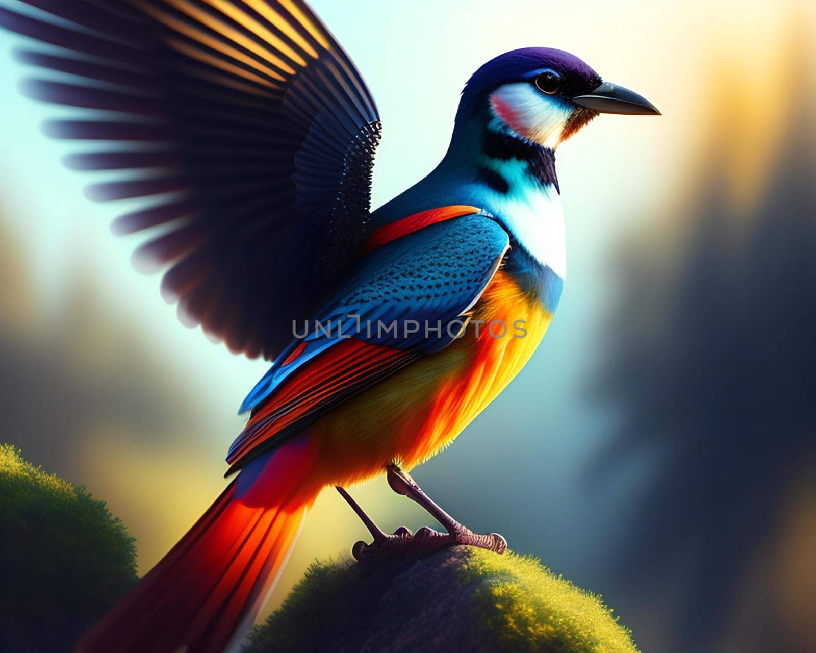 Colorful bird on a background of nature. 3d illustration.