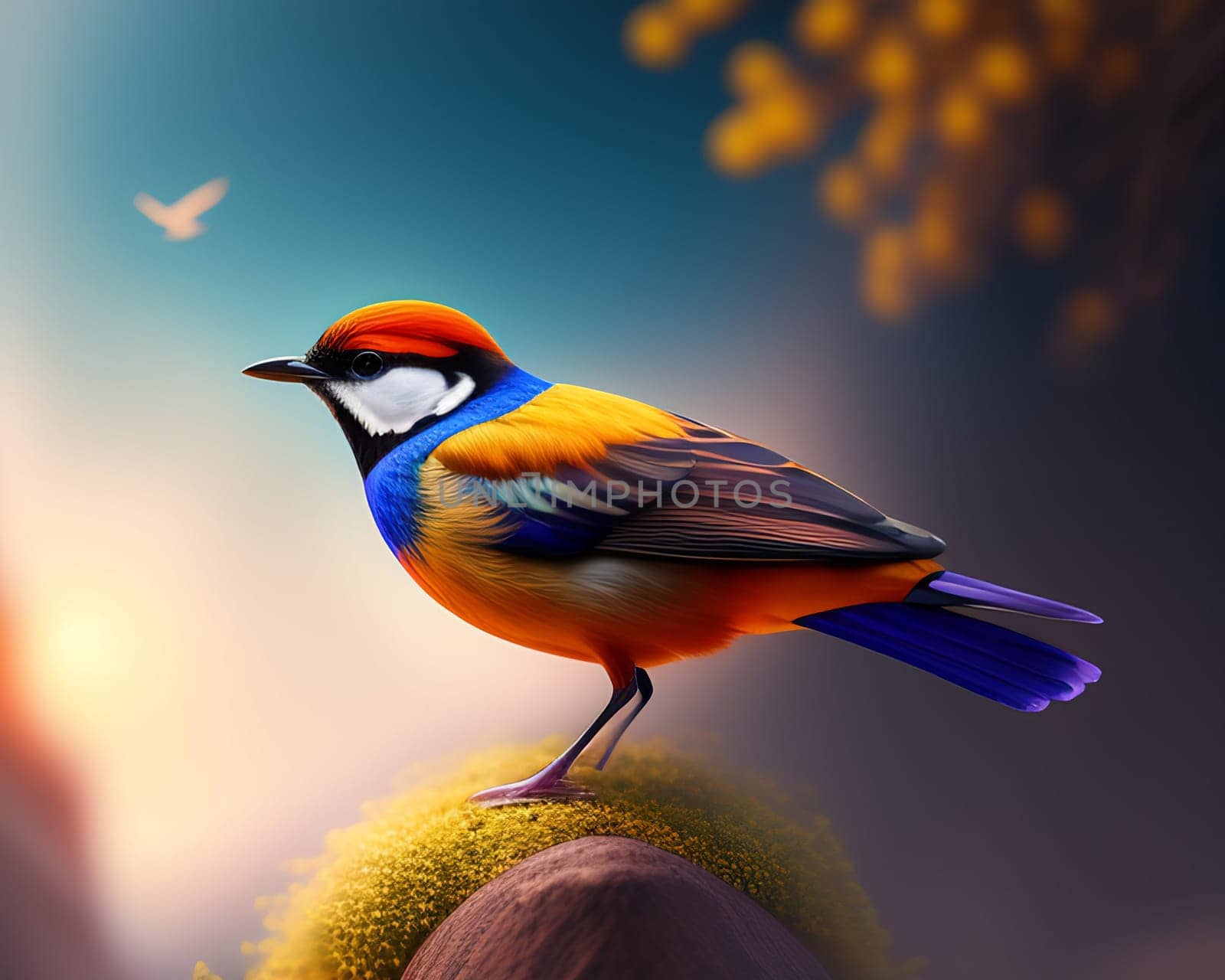 3d render of a colorful bird on a background of nature