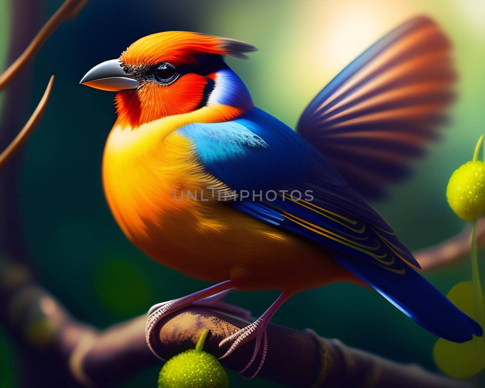Colorful bird on a background of nature. 3d illustration.