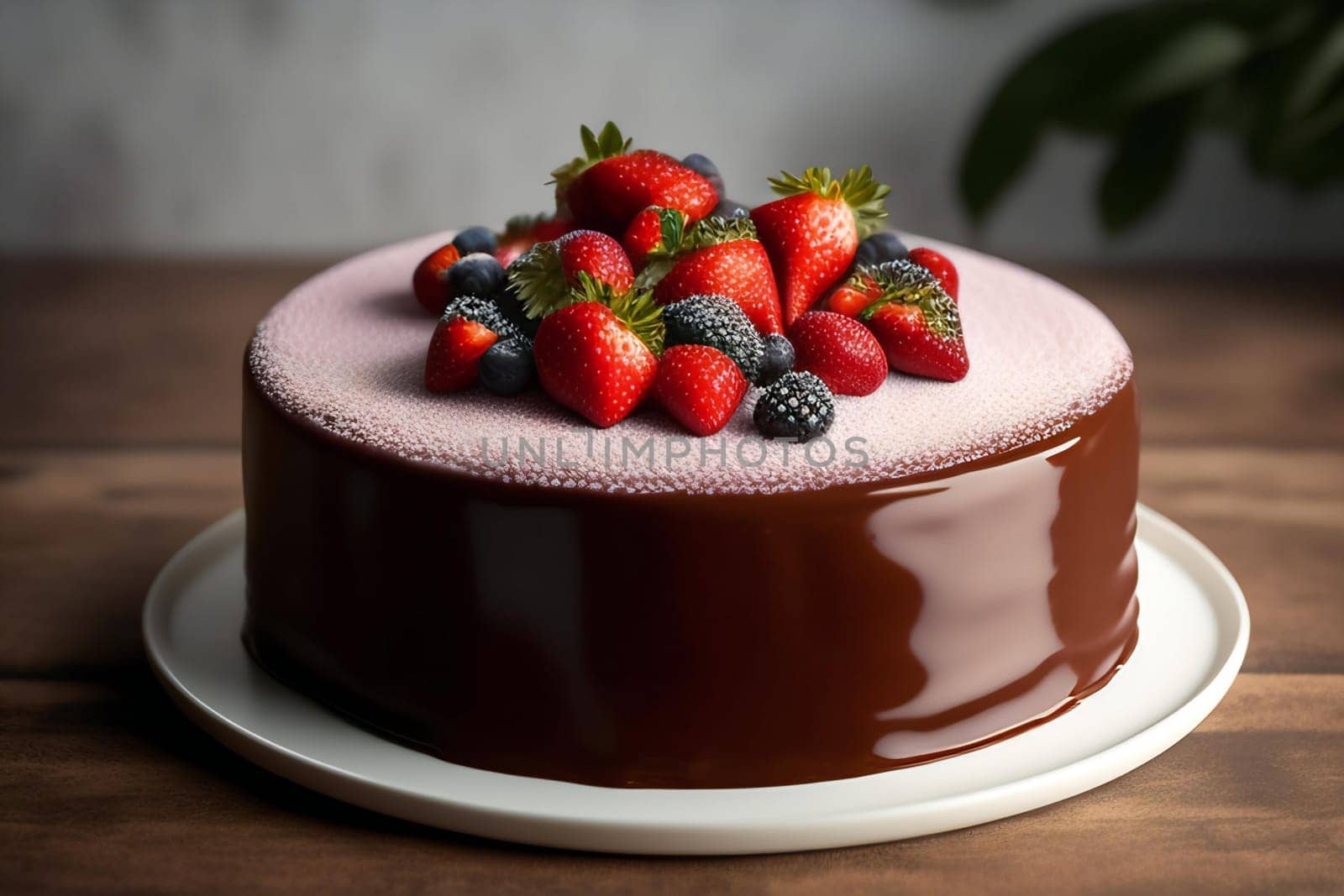Delicious chocolate cake with fresh berries on wooden table, closeup