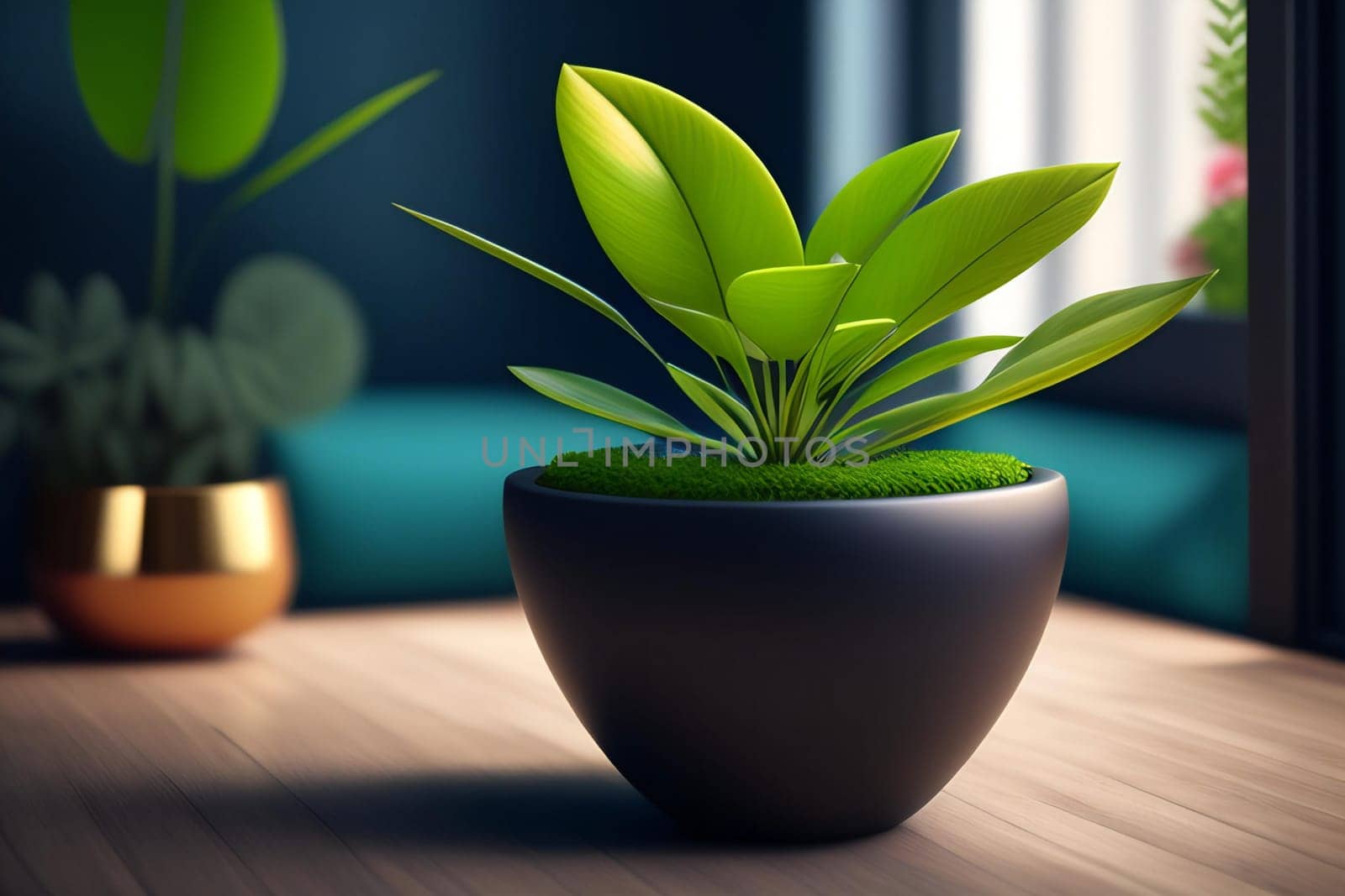 Green plant in vase on wooden table with black wall background