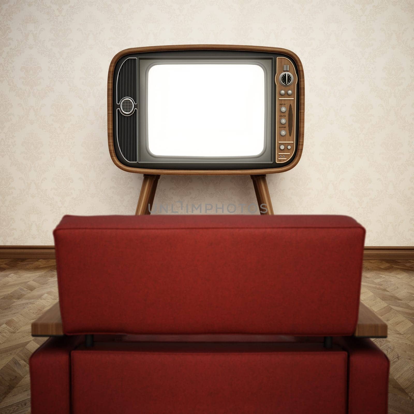 Retro analogue tv with blank screen and retro red armchair. 3D illustration.