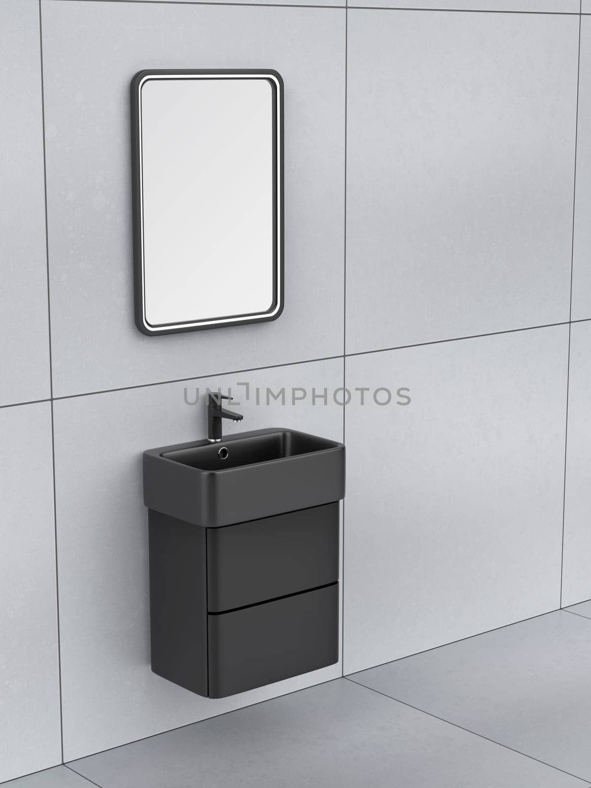 Matte black wall mounted wash basin cabinet with faucet and mirror