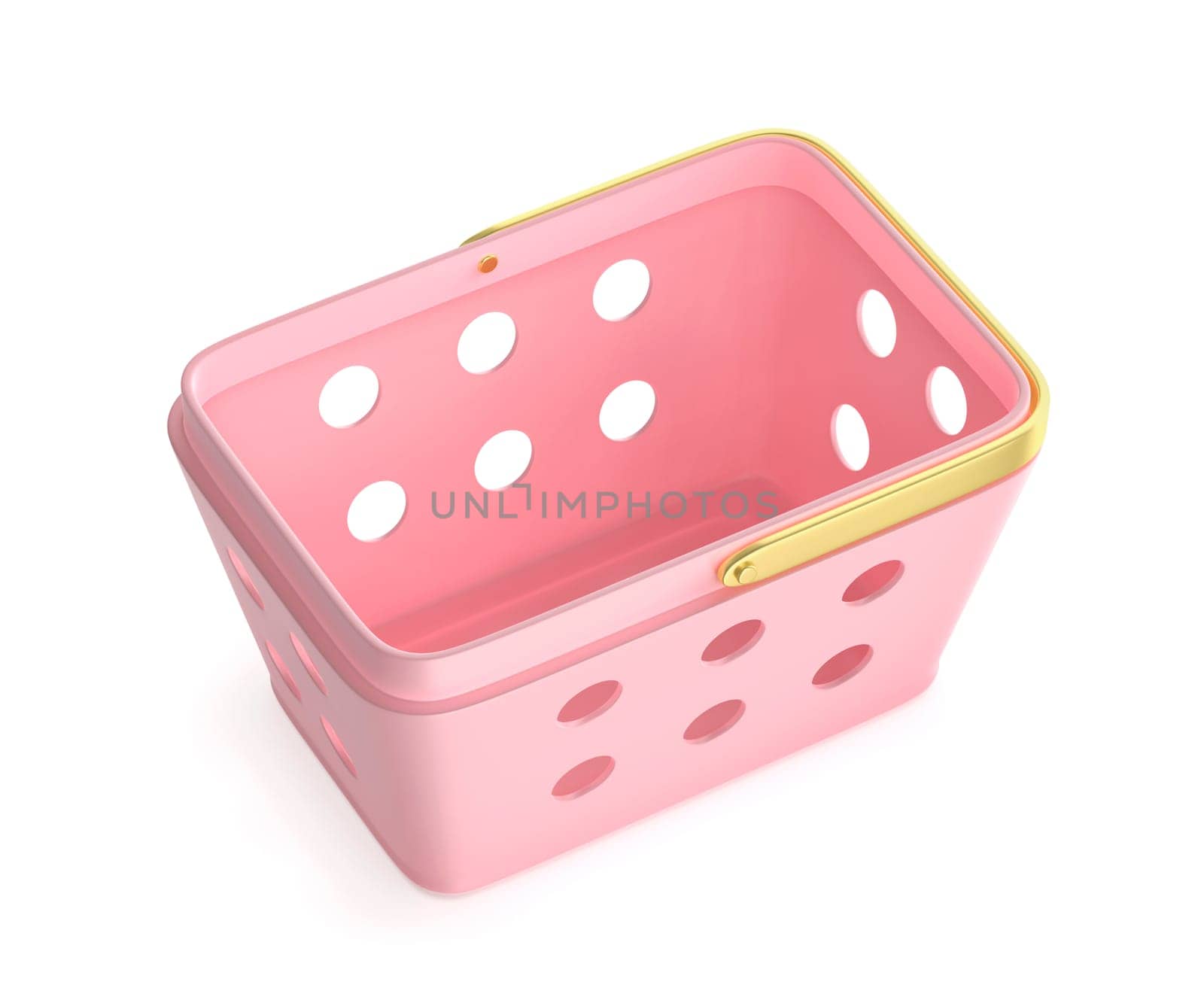 Empty pink shopping basket with golden handle on white background