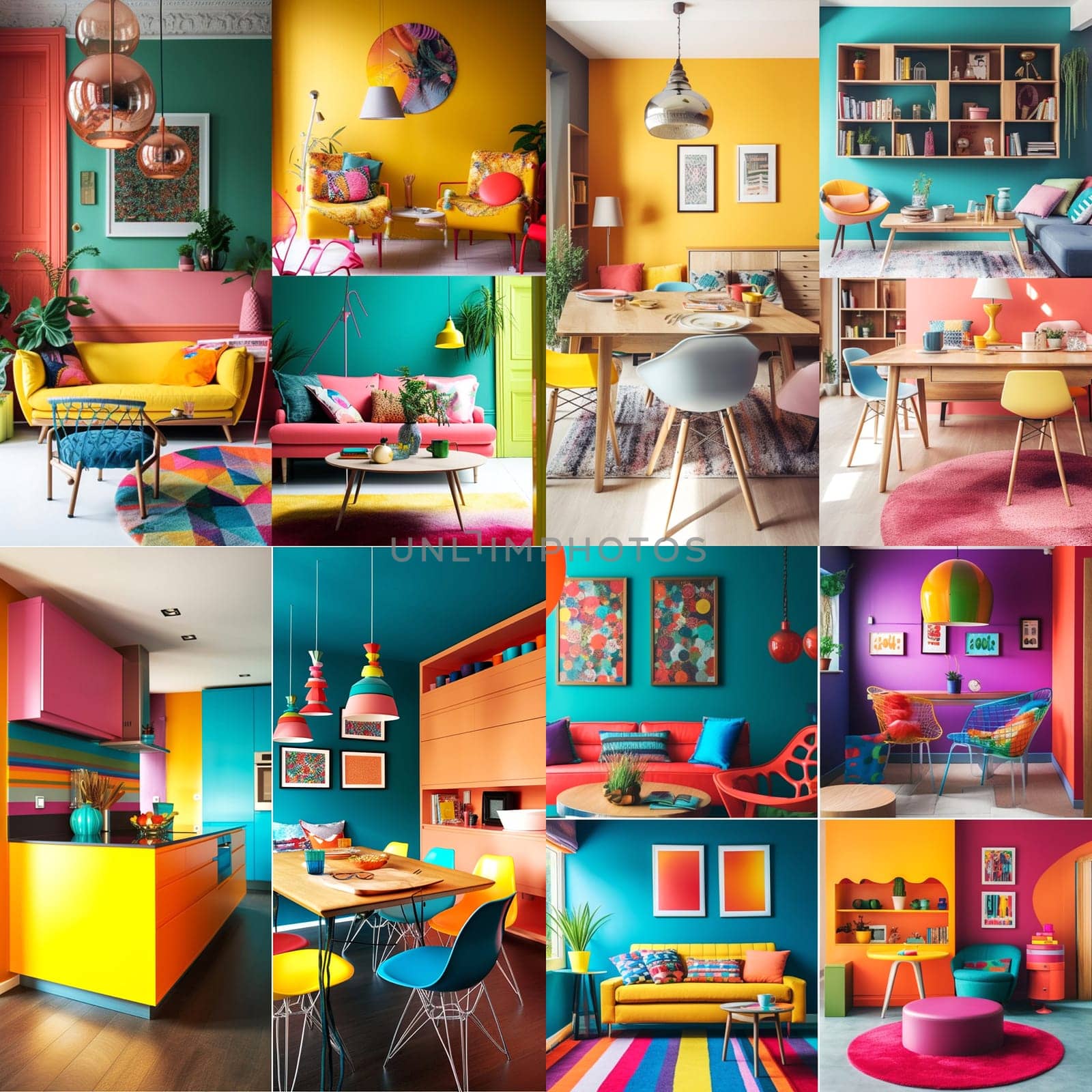 A series of illustrative images of colorful home interior design