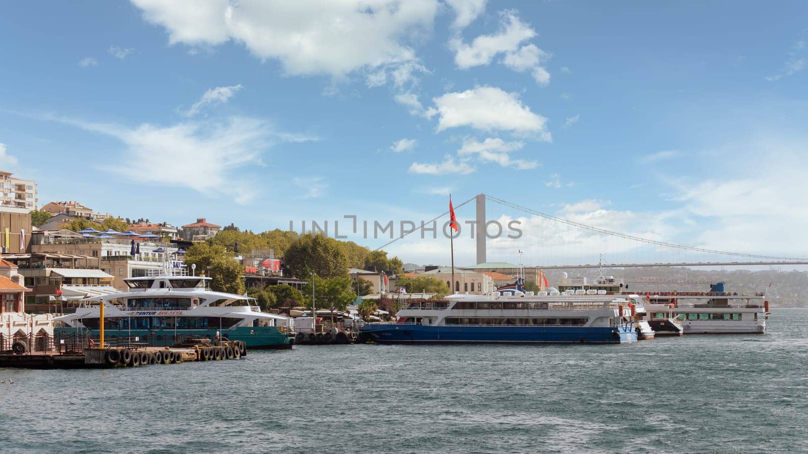 View of the European coast of the Bosporus strait in Besiktas district with docked ferry boats, and Bosphorus Bridge in the far end, Istanbul, Turkey