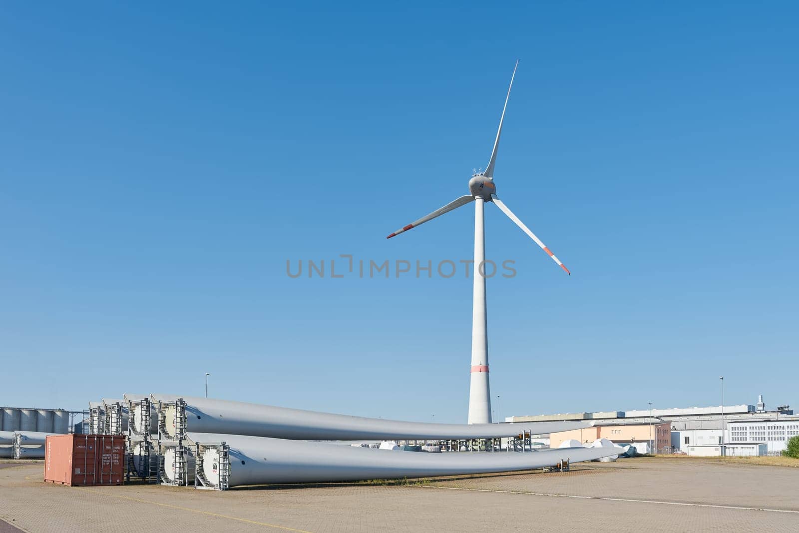 Storage yard for components of wind turbines of the company Enercon in the port of Magdeburg