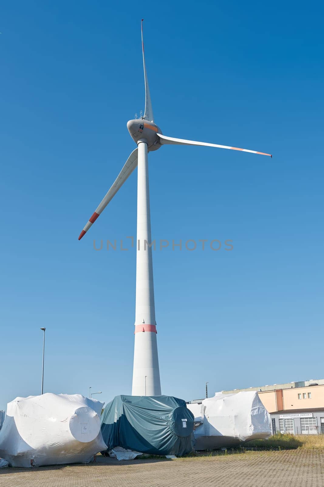 Storage yard for components of wind turbines of the company Enercon in the port of Magdeburg