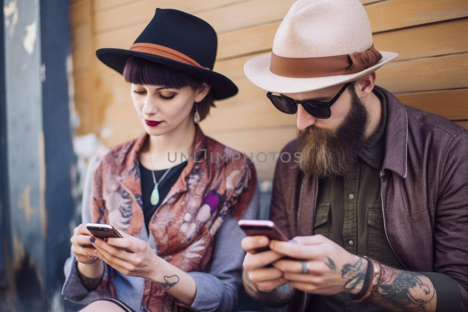 Fashionable young hipster couple sitting with smart phone, on social media, AI Generative