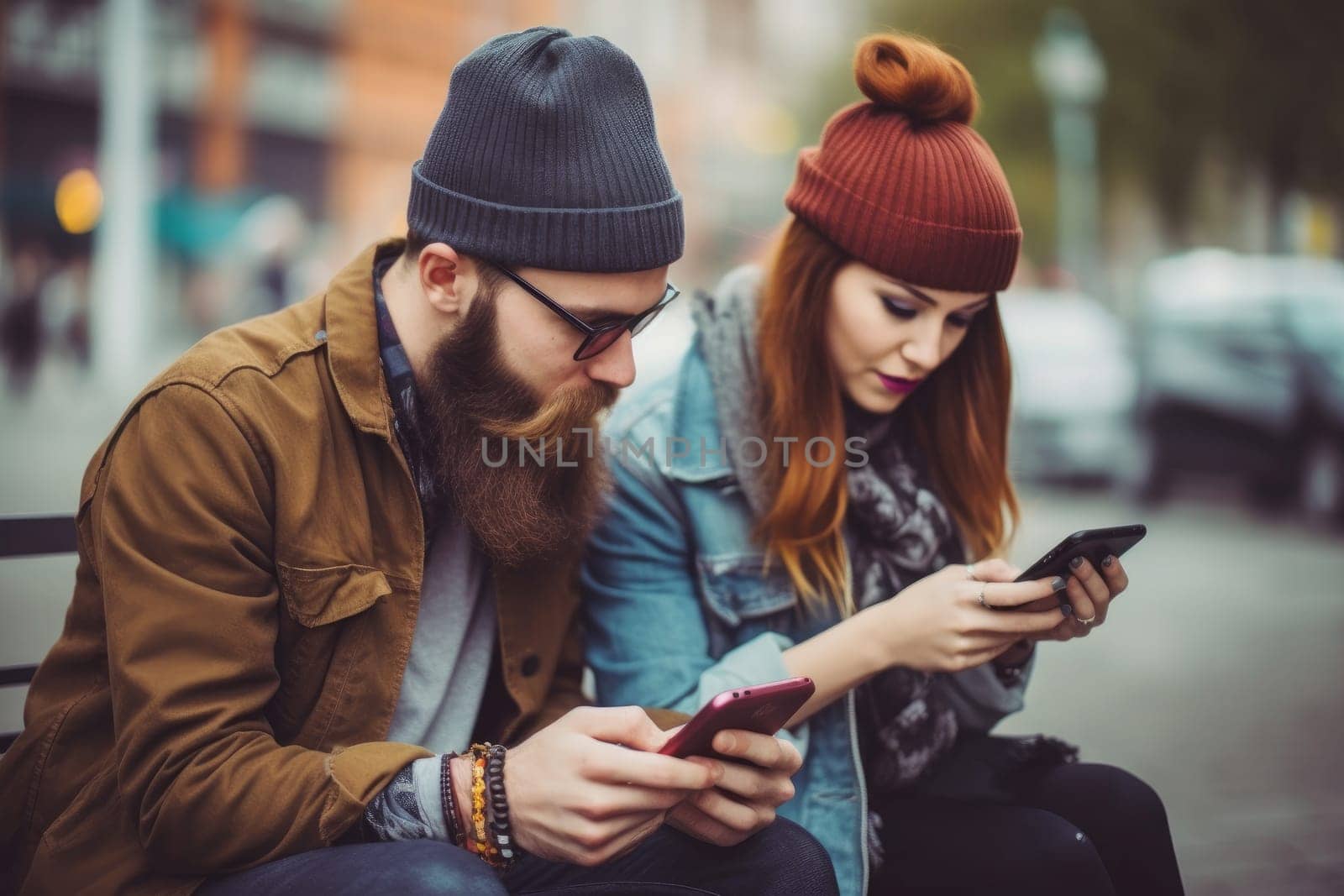 Fashionable young hipster couple sitting with smart phone, on social media, AI Generative